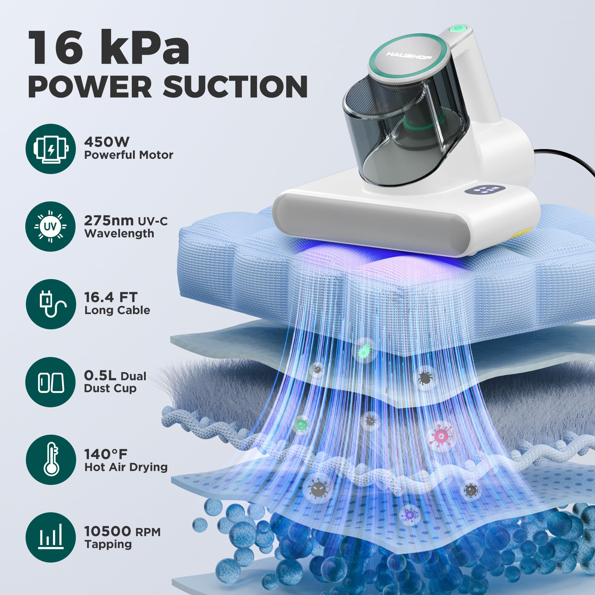 How Do You Clean a Memory Foam Mattress? 2 HAUSHOF Mattress Vacuum Cleaner 16 Kpa Bed Vacuum Cleaner — product photo