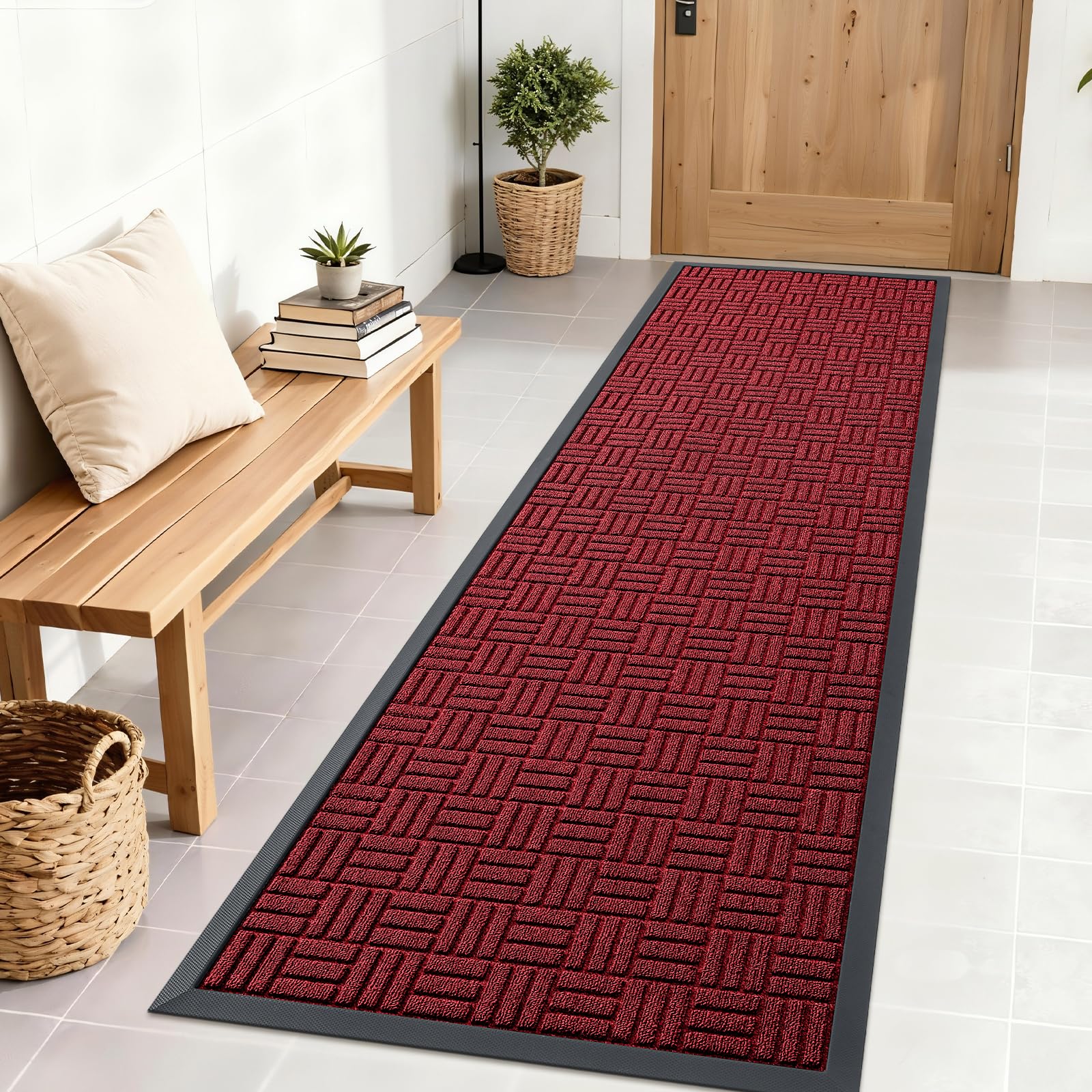 OLANLY Front Door Mat Outside Entrance 71x23, Heavy-Duty Rubber Doormat | Black Red, Stain and Fade Resistant, Non-Slip Backing, Low-Profile Indoor Outdoor Floor Mat for Entryway, Easy to Clean