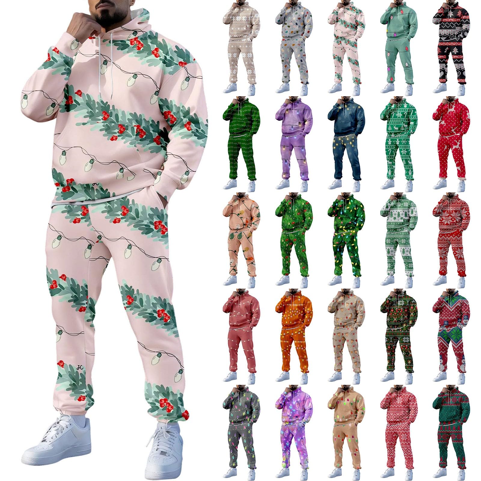 2 szt. Świąteczne stroje męskie śmieszne błyszczące choinki kombinezony oversize brokat bluzy z kapturem z długim rękawem i spodnie dresowe zestaw do biegania wakacje sport siłownia kostiumy