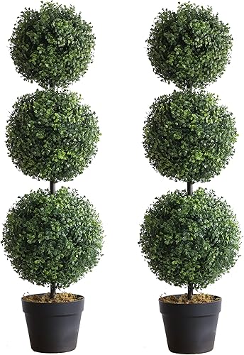 momoplant Paquete de 2 árboles de bola topiaria artificial, boj de triple bola, 37 pulgadas, boj de triple bola para interiores y exteriores,