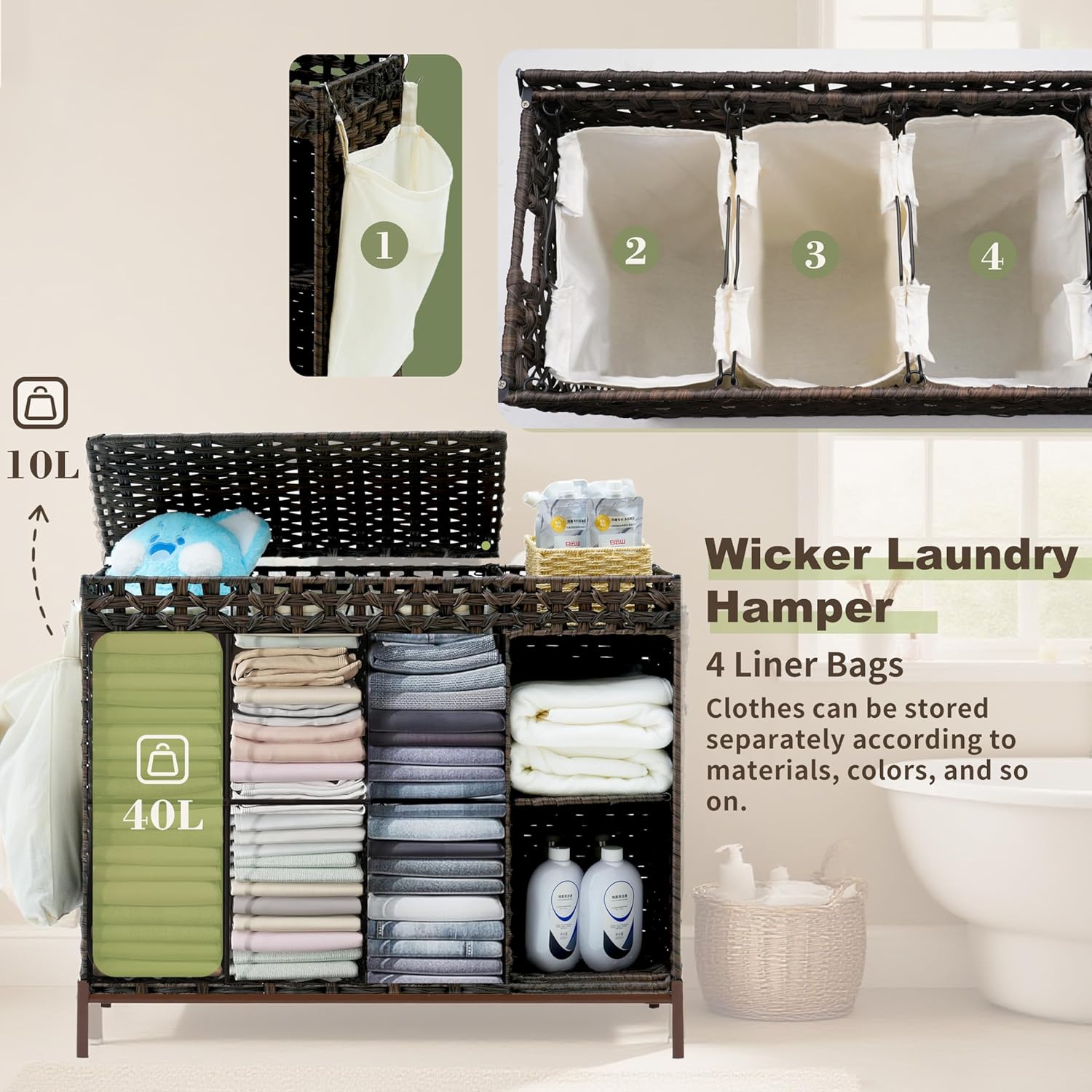 Laundry Hamper with Lid, 130L Rattan Laundry Hamper 3 Section with 3-Tier Storage Shelf (50L), Wicker Woven Laundry Sorter Basket with 4 Removable Liner Bags and Handles, Brown GLH003BR