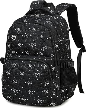 Createy Bow Prints Backpack for Girls Backpack with Lunch Box Kids Bookbags Preschool Kindergarten Primary Elementary (Black)