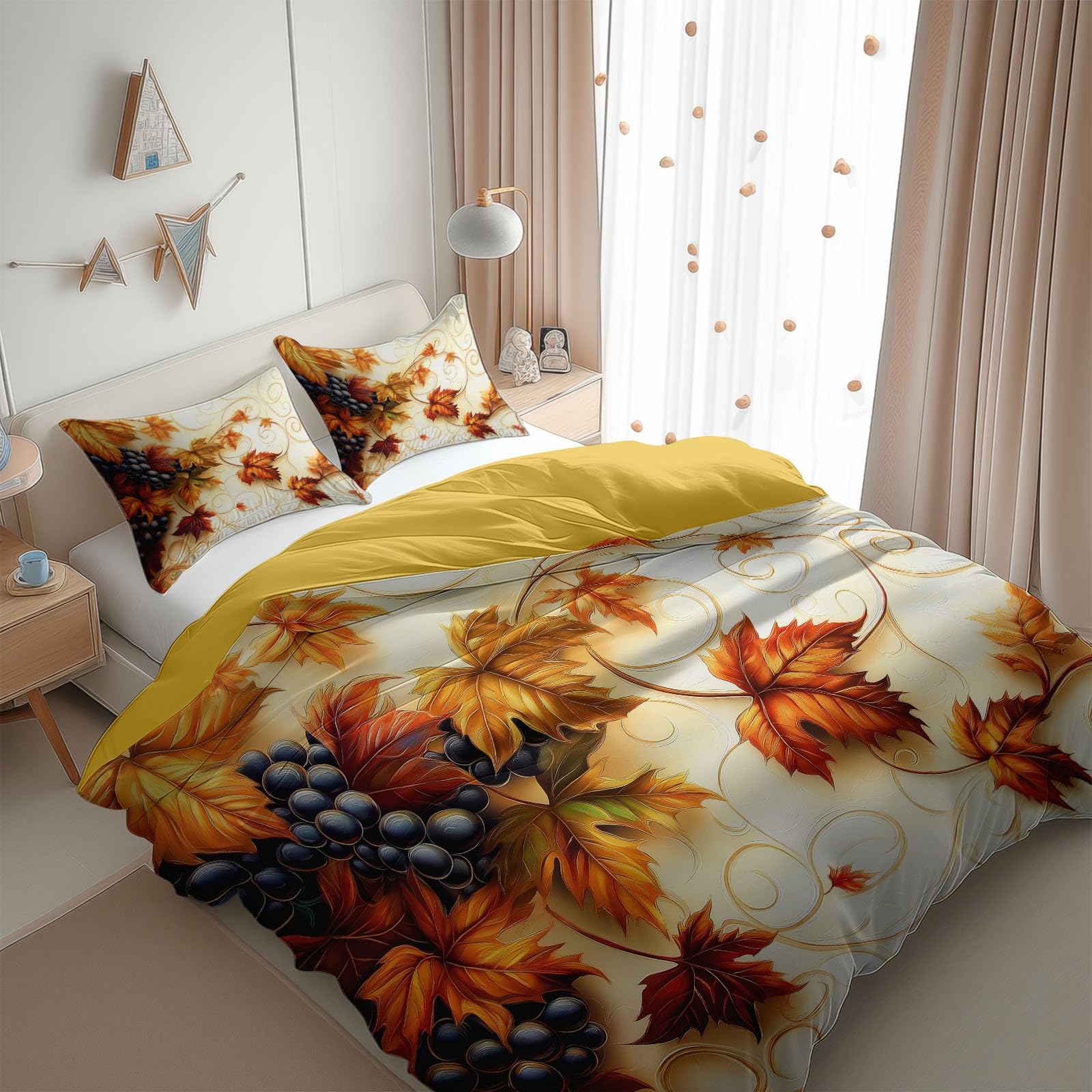 Poszwa na kołdrę 260 x 240 cm liście owoce jesienny zestaw farb olejnych, jasnożółta poszwa na kołdrę 2 osoby oddychająca mikrofibra z zamkiem błyskawicznym, 2 poszewki na poduszki 65x65cm
