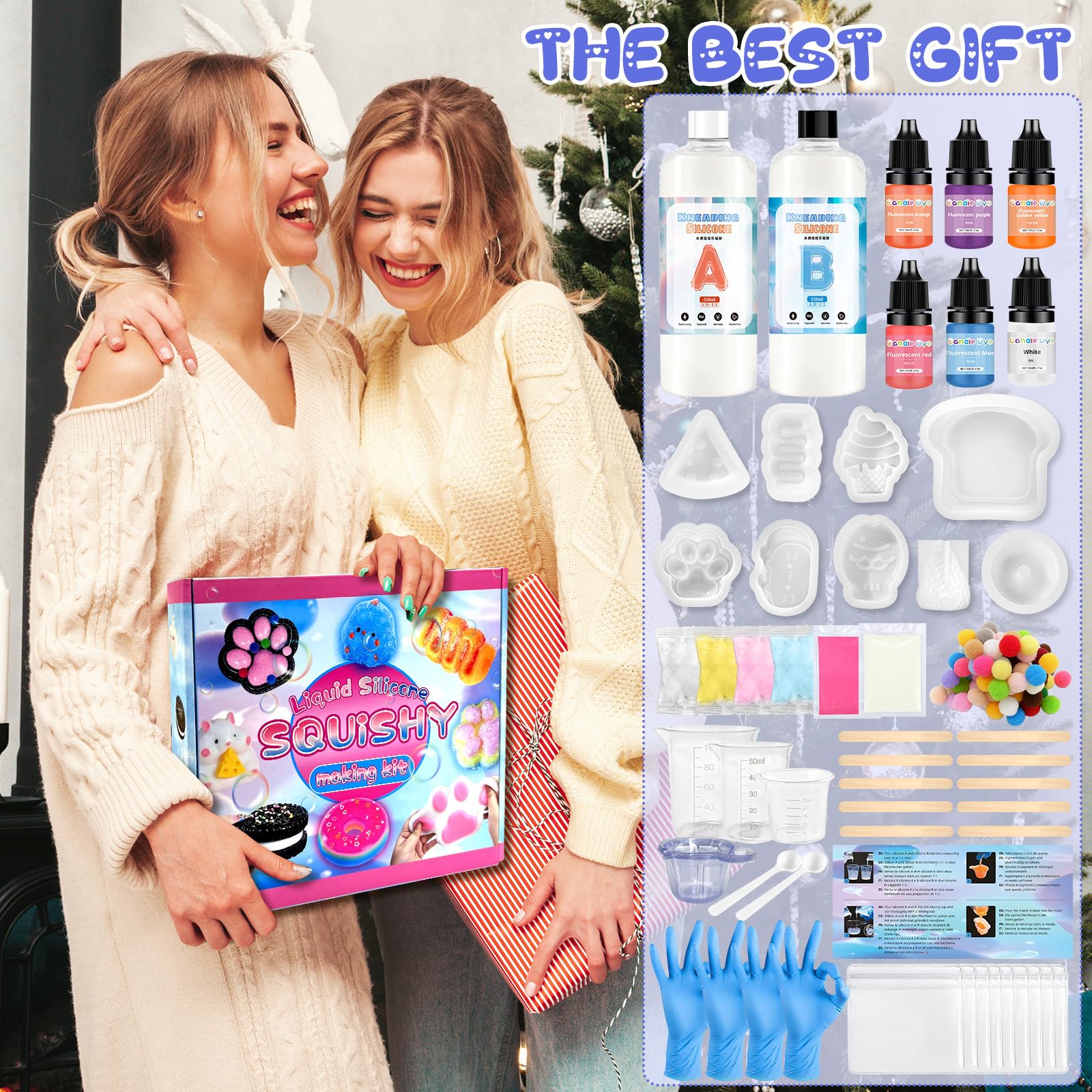 Kit de fabrication à squishy - 500 ml - En silicone liquide - Rapport 1:1 - Cadeau créatif avec forme, gant, verre doseur, bâtonnets en bois B