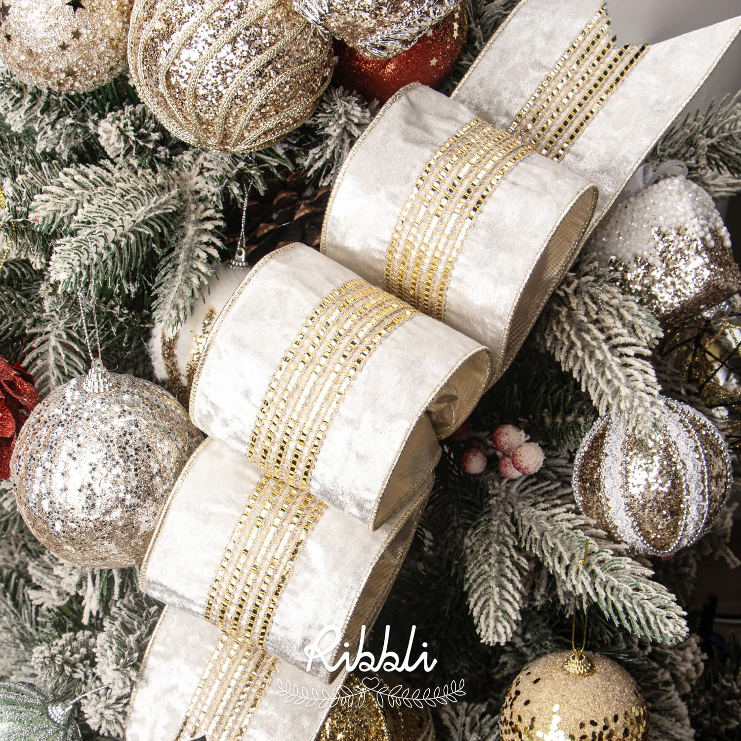 Ribbli Ivory White Velvet Wired Ribbon with Luxurious Glittering Stripe 4 Inch Christmas Ribbon for Tree Gift Wrapping Wreaths Garland Topper Bows Crafts Home Decor -10 Yards