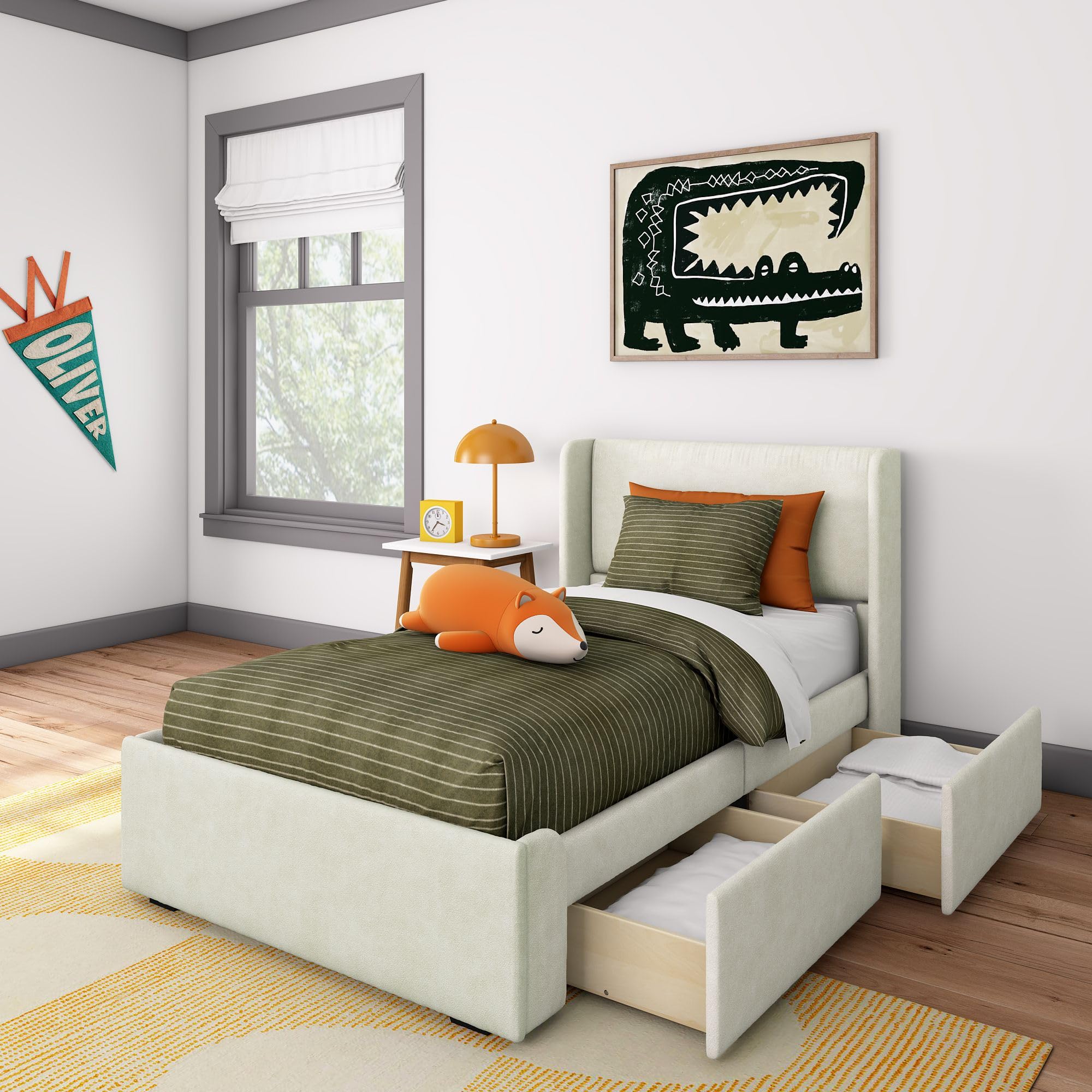 Max & Lily Upholstered Twin Bed Frame with Rectangular Headboard and Two Storage Drawers, Upholstered Platform Bed for Kids, No Box Spring Needed,