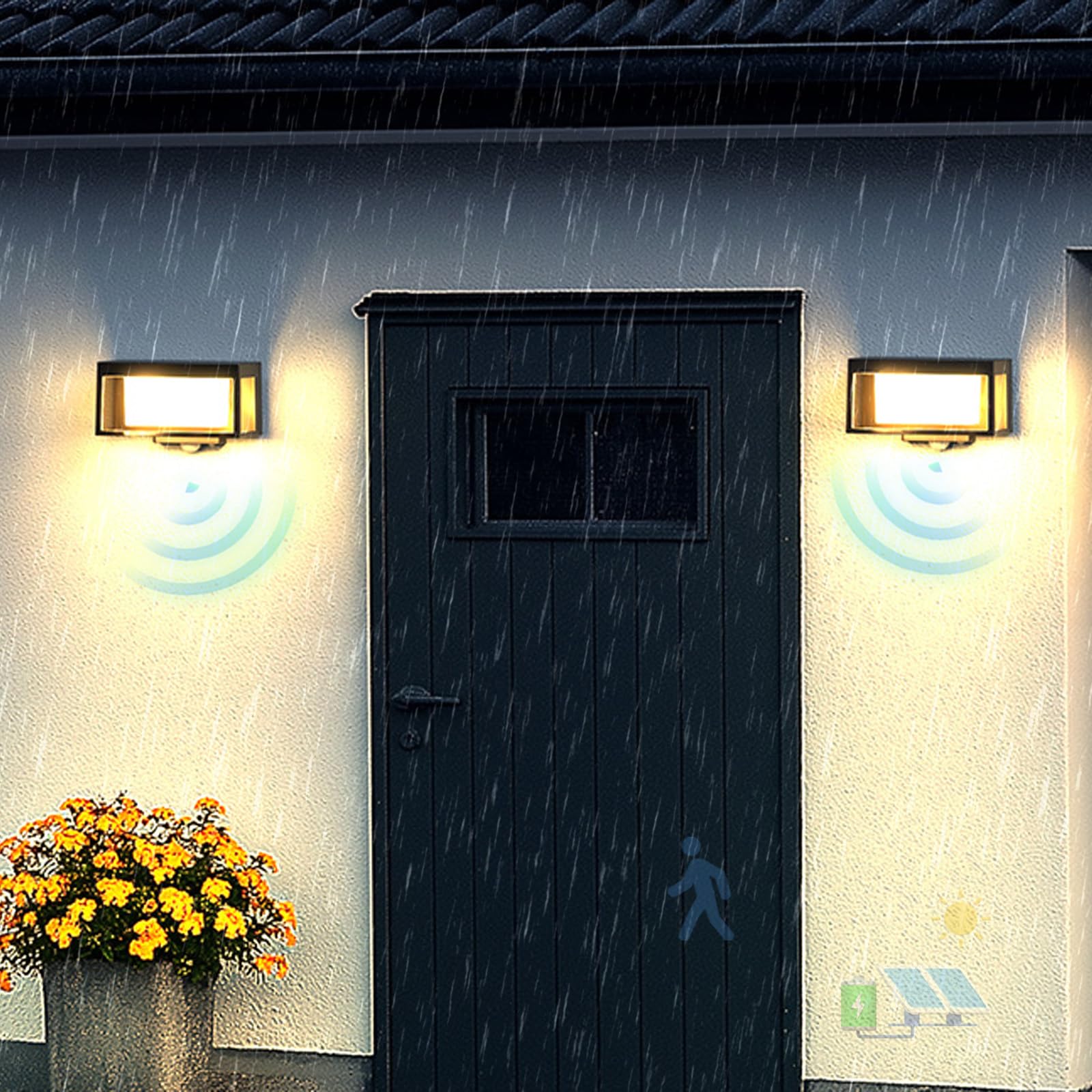 LED Solar Exterior Apliques de Pared con Sensor de Movimiento Lámpara de Pared Solar Recargable Iluminación de Pared Impermeable IP65 para Jardín Valla Patio (Luz Cálida,2 Piezas)