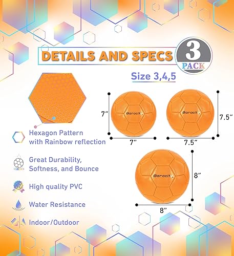 Miniatura 2 de Juego de 3 pelotas de fútbol iridiscentes, tamaños mixtos, color naranja, bolas de partido oficiales con patrón hexagonal reflectante, pelotas de