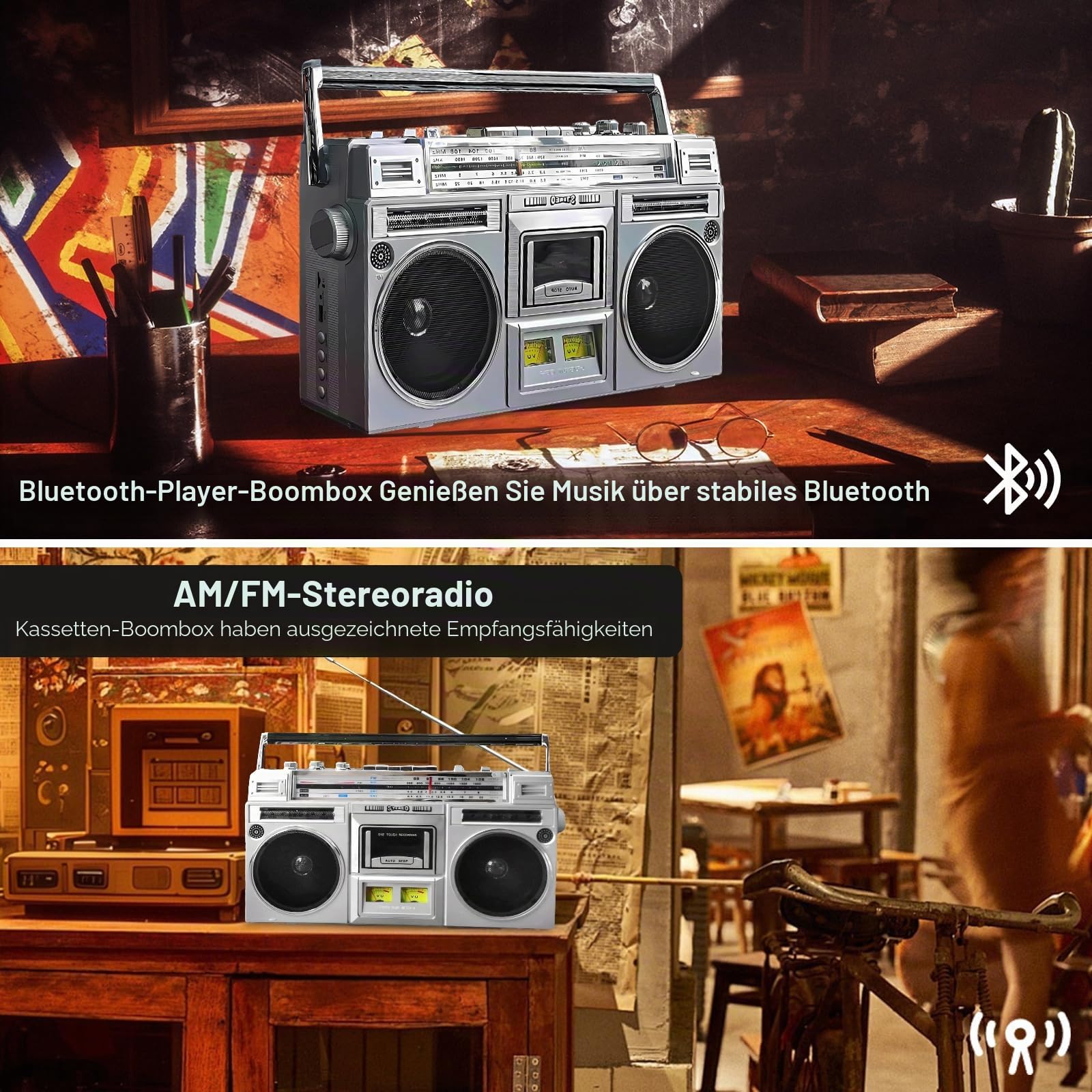 Retro Kassetten Boombox, Street Bluetooth Boombox Kassettenspieler,80s Style Retro Tragbarer AM/FM-Radio-Kassettenrekorder,unterstützt SD/USB-Eingang, für Familientreffen Reisen