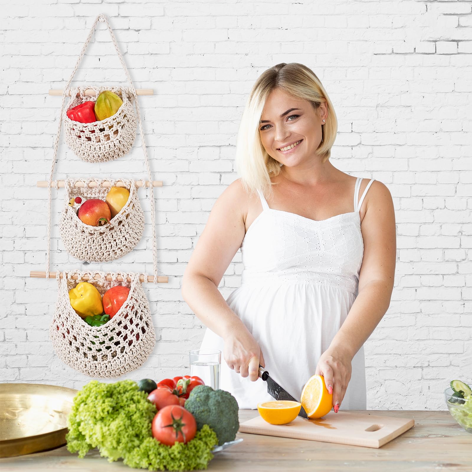 Cesto di Frutta da Appendere,Cestino da parete in corda di cotone intrecciata a mano a 3 strati,Cesto di Frutta Verdura Boho da Appendere,Appendino per Porta Cesto Decorativo per Cucina (Bianco)
