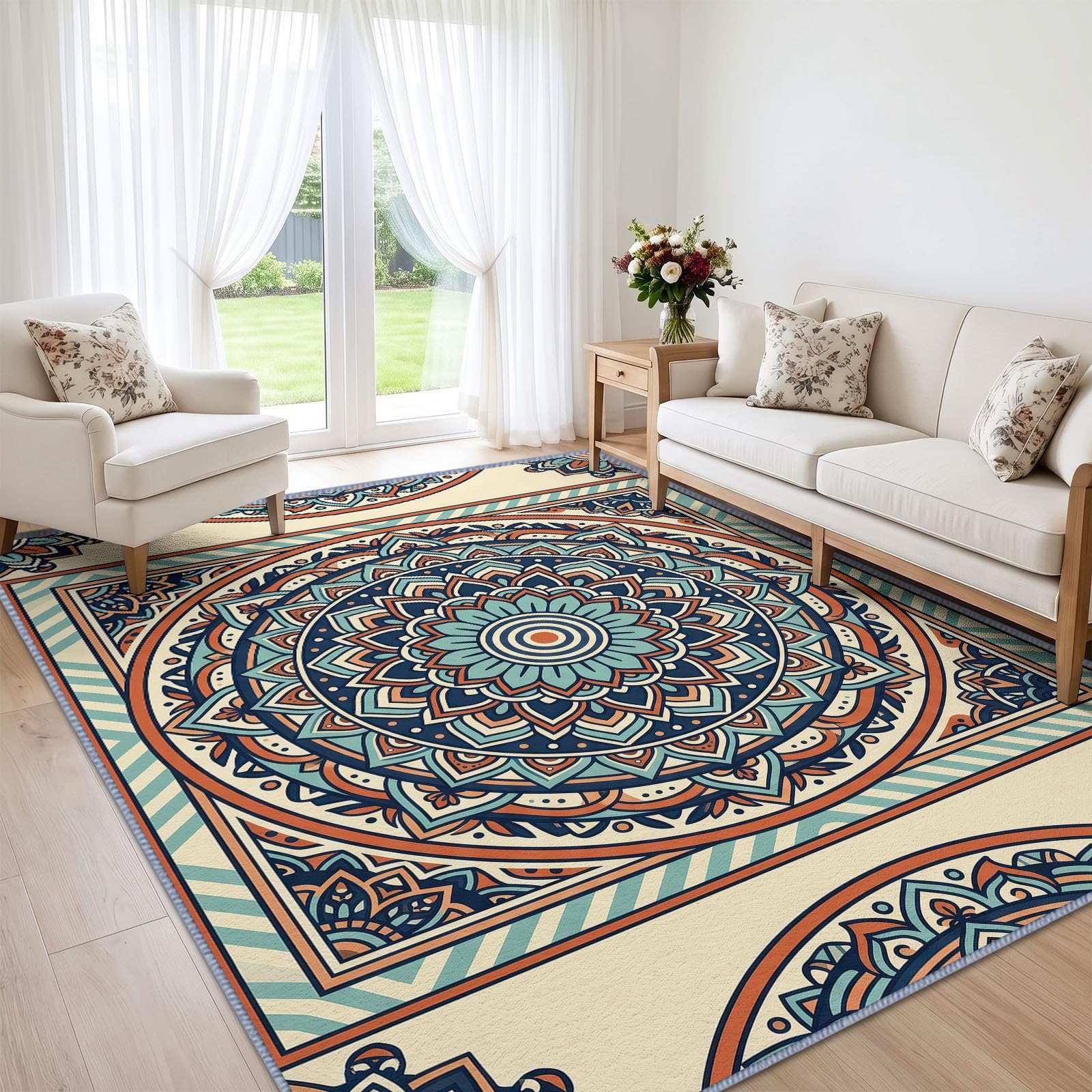 Modny dywan w stylu boho do salonu, 120 x 170 cm, mandala, okrągła rama, dywany do sypialni, miękkie krótkie runo, antypoślizgowy, klasyczny dywan do jadalni, biura, kuchni, pokoju dziecięcego