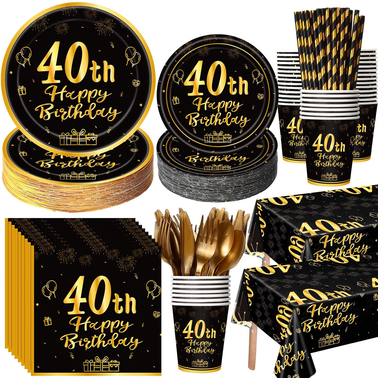 Funnymoom 452 Pcs 40th Birthday Party Decorations Set for Men Women, Black and Gold Happy 40th Birthday Paper Plates Napkins Cups Tablecloth Cutlery