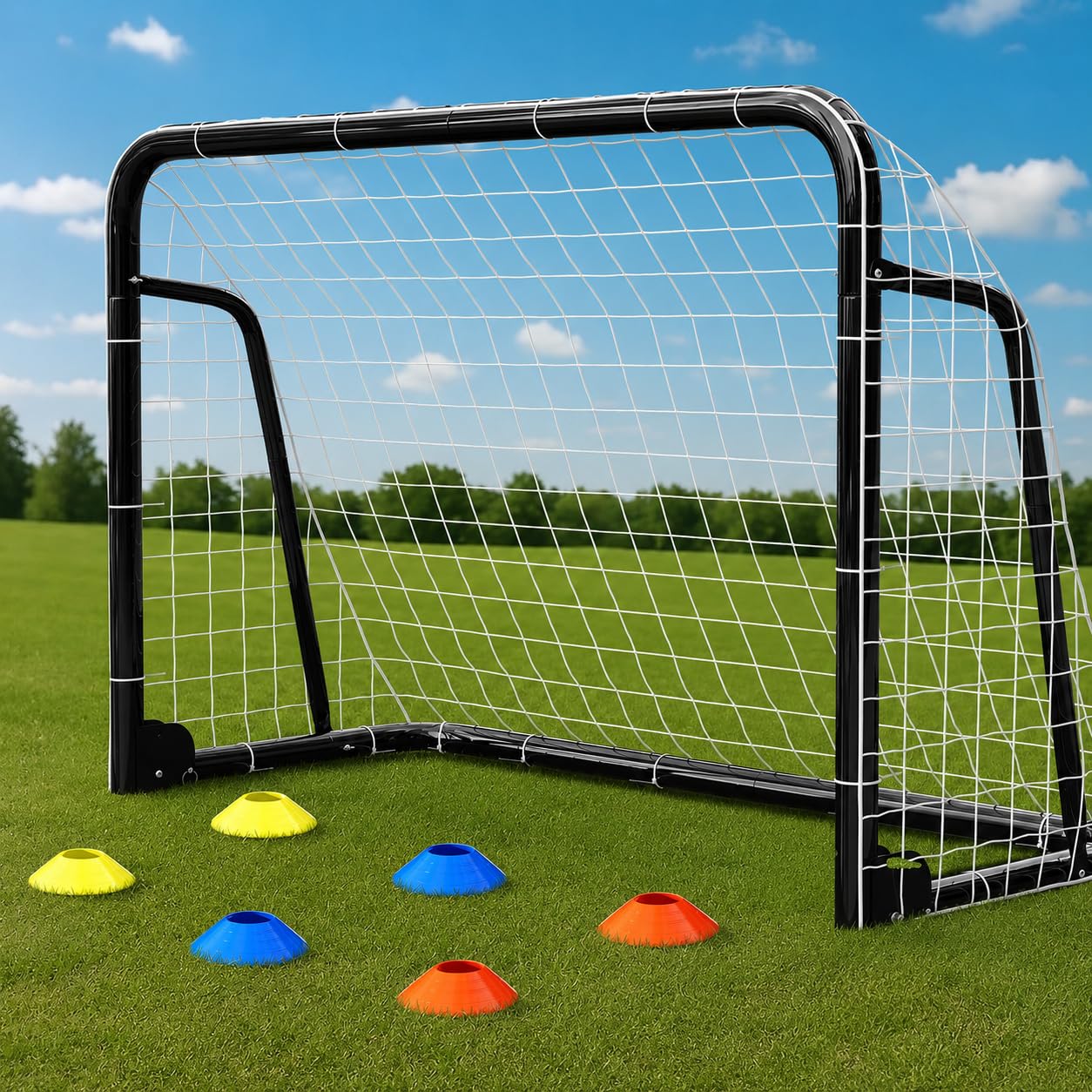 Ryuhic Fußballtor für Garten Kinder & Erwachsene, Robustes Fussballtor Outdoor mit Stahlrahmen, wetterfestem Netz, Erdankern, 6 Hütchen, Fußball Tor Set für Training, Schwarz