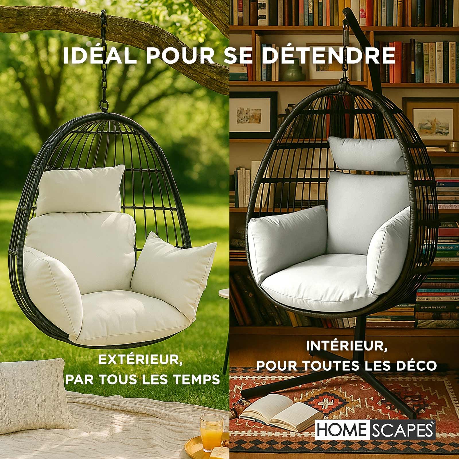HOMESCAPES Coussin imperméable pour Fauteuil Suspendu extérieur, Coussin de Rechange pour Fauteuil œuf - pour terrasse, Jardin et Balcon - Beige