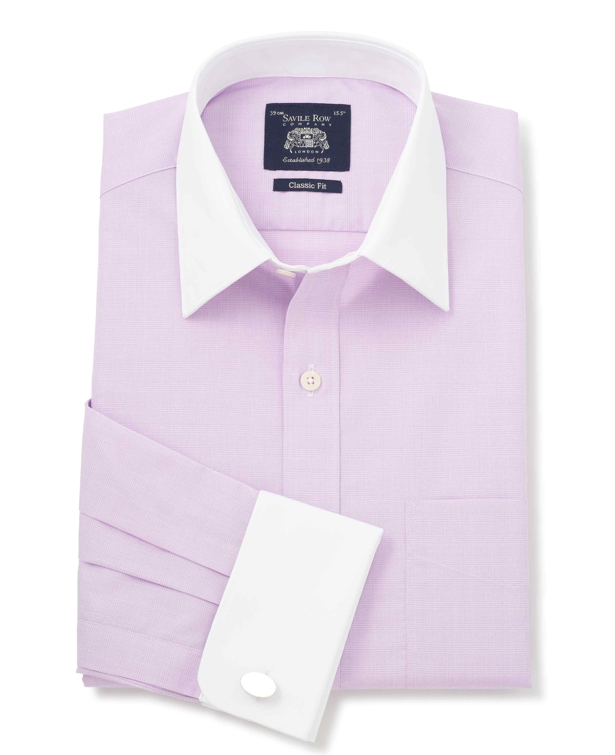THE SAVILE ROW COMPANY LONDON Men's Classic Fit Cotton Poplin Winchester Formal Shirt - Double Cuff - Lilac Fine Check - 16.5" Collar - Standard