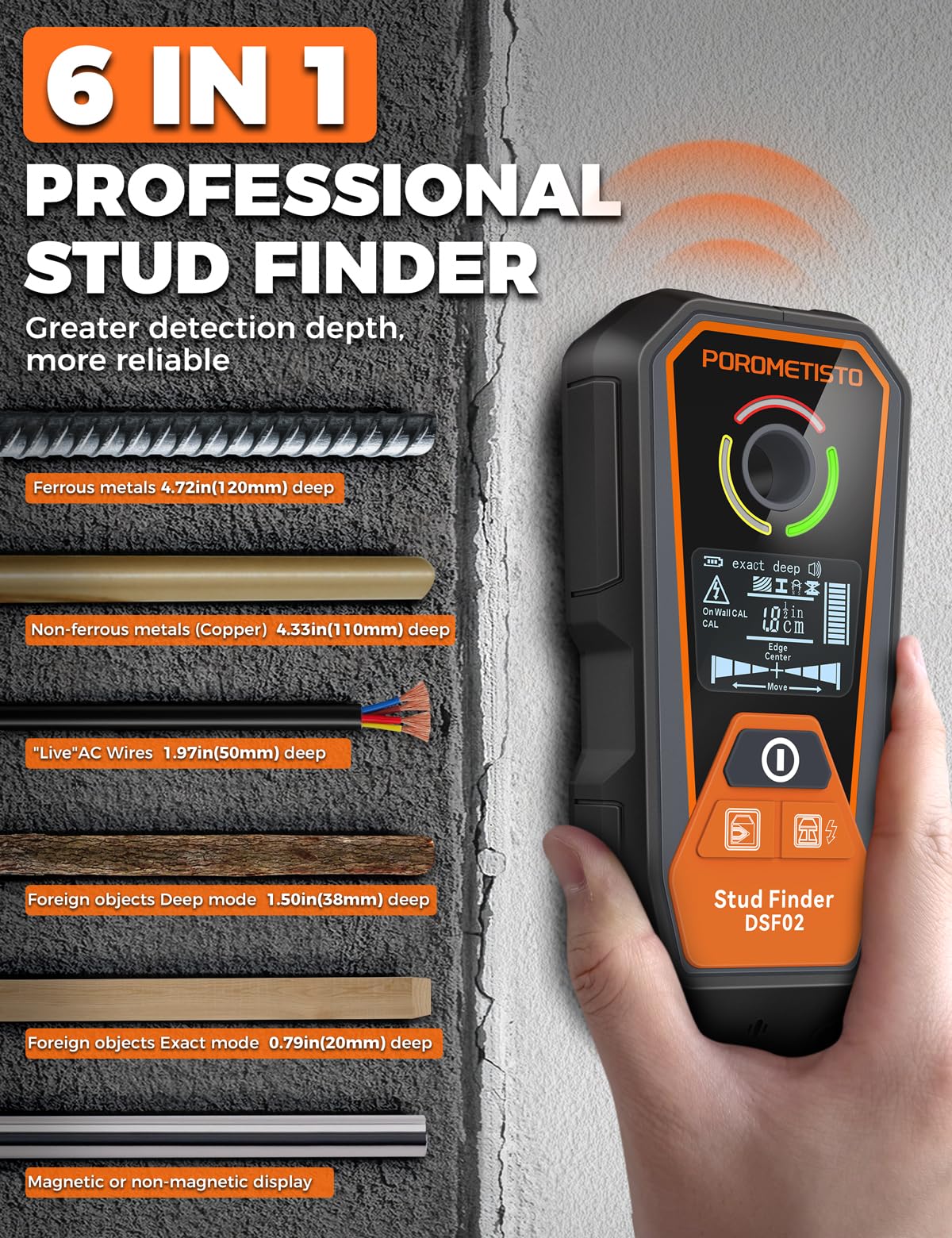 6 en 1 Détecteur Mural Rechargeable,Profondeur de détection 20-120 mm,Détecte Le Métal/Les Tuyaux/Les Tuyaux en Cuivre/Les Fils/Les Objets/Matériaux Magnétiques/Non Magnétiques