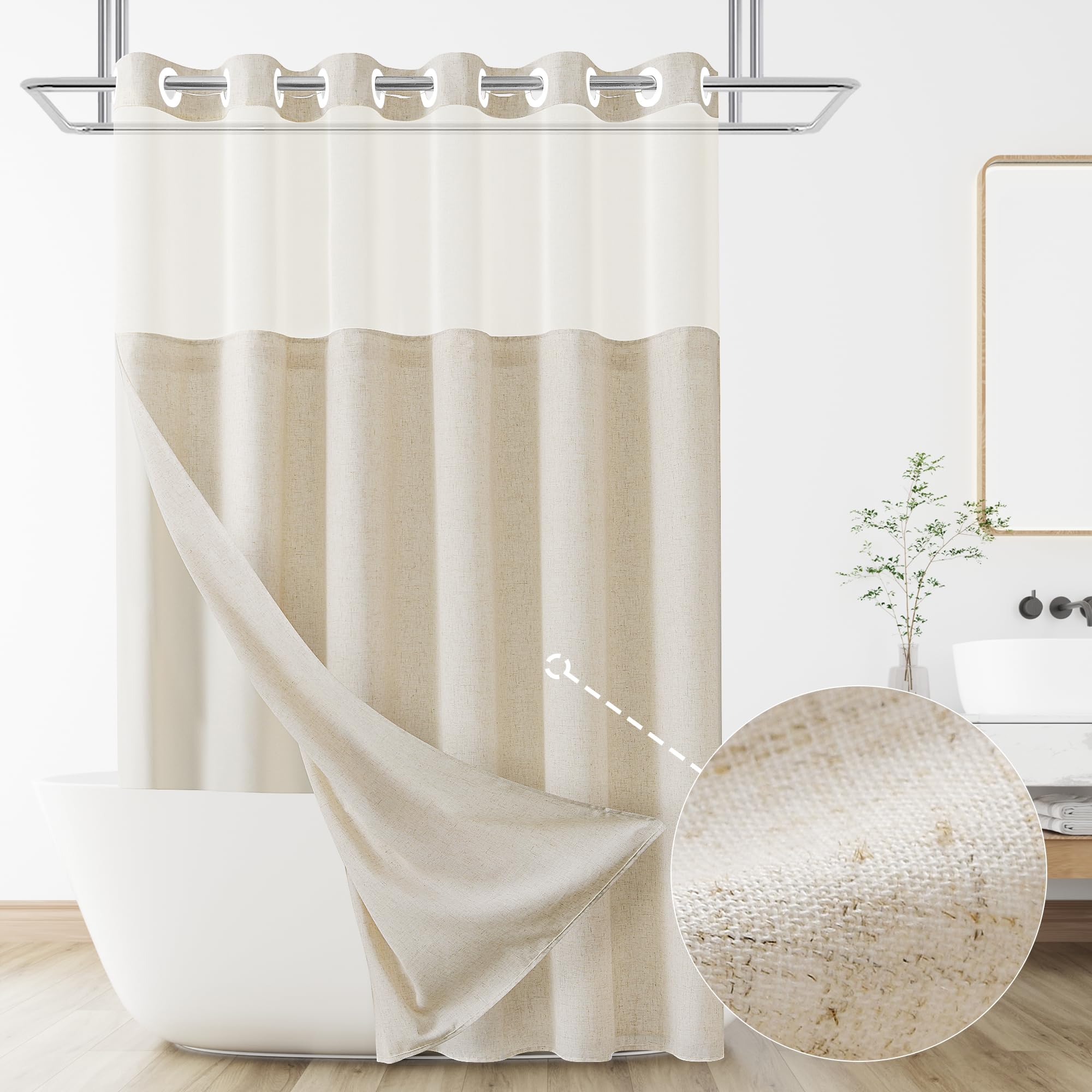 No Hooks Linen Textured Shower Curtain with Snap-in Fabric Liner Set,Beige Hotel Luxury Decor Shower Curtains for Bathroom with See Through Top Window,Water Resistant Fabric,72Wx75L,CreamGlobal Recycled StandardGlobal Recycled StandardGlobal Recycled Standard
