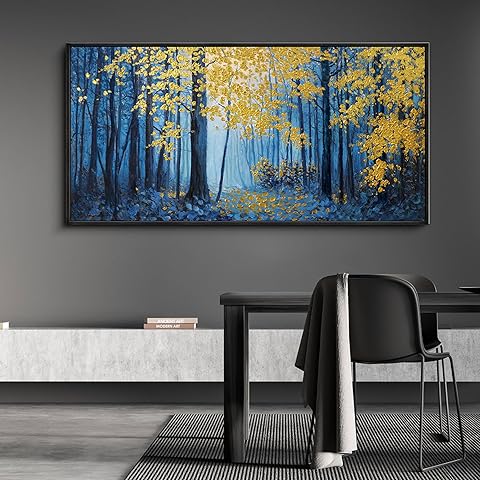 KLAKLA Blue and Gold Tree Wall Art - Birch Tree Forest Painting Pictures Framed Artwork for Living Room Bedroom Office Canvas Print Art Gorgeous Landscape Wall Art Home Decoration - 40x20 Inches