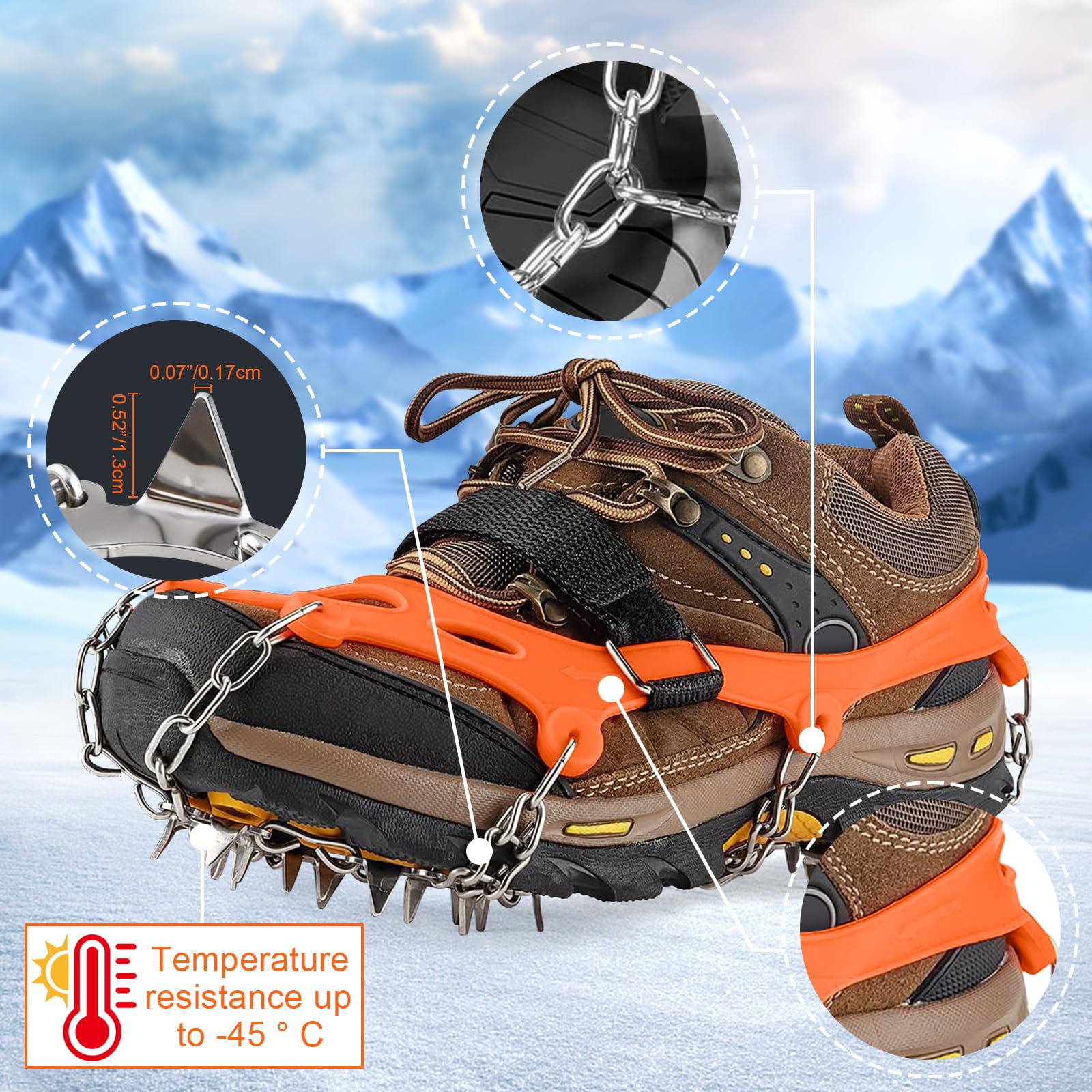 Crampons antidérapants pour Bottes de randonnée Neige Glace Traction 24 Pointes TPE Résistant Froid