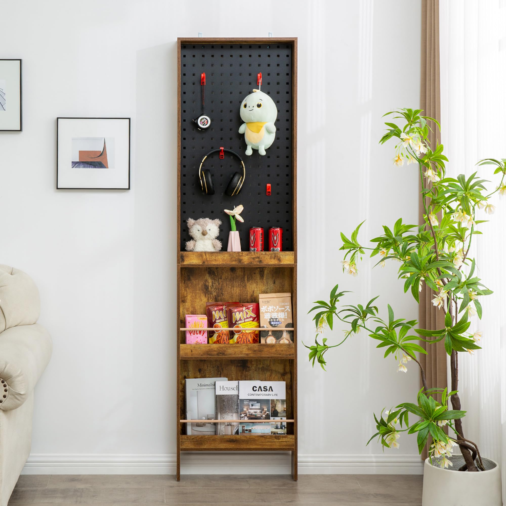 71" Tall Storage Cabinets, 4Tier Large Storage Cabinet w/Plastic Hooks, Freestanding Floor Cabinet Cupboard for Kitchen, Living Room, Dining Room (Vintage Brown)