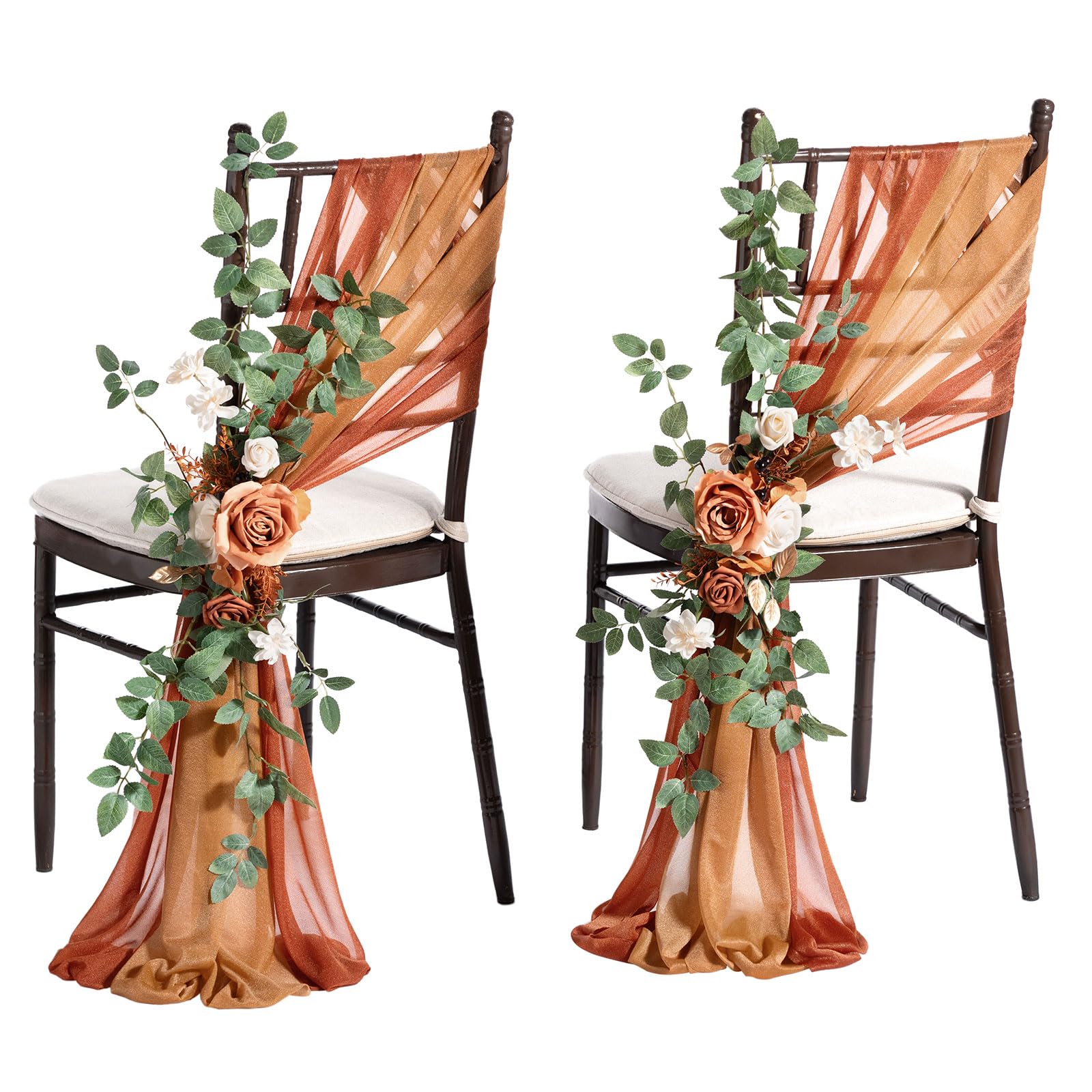 Ling's Moment 8 Fall Wedding Chair Decorations Aisle Pew Church Artificial Flowers Greenery Swag Sunset Terracotta Orange Bench Ceremony Reception Floral Rose Arrangements Party Outdoor Decorations