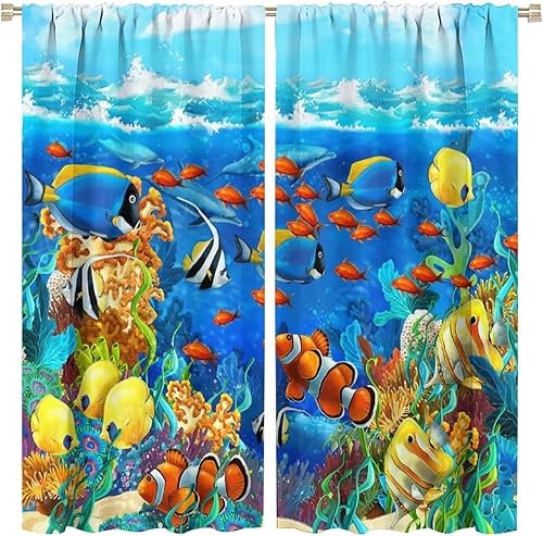 Cortinas del mundo submarino del océano, coloridas y lindas caricaturas de animales marinos, impresión artística azul para niños, dormitorio, sala
