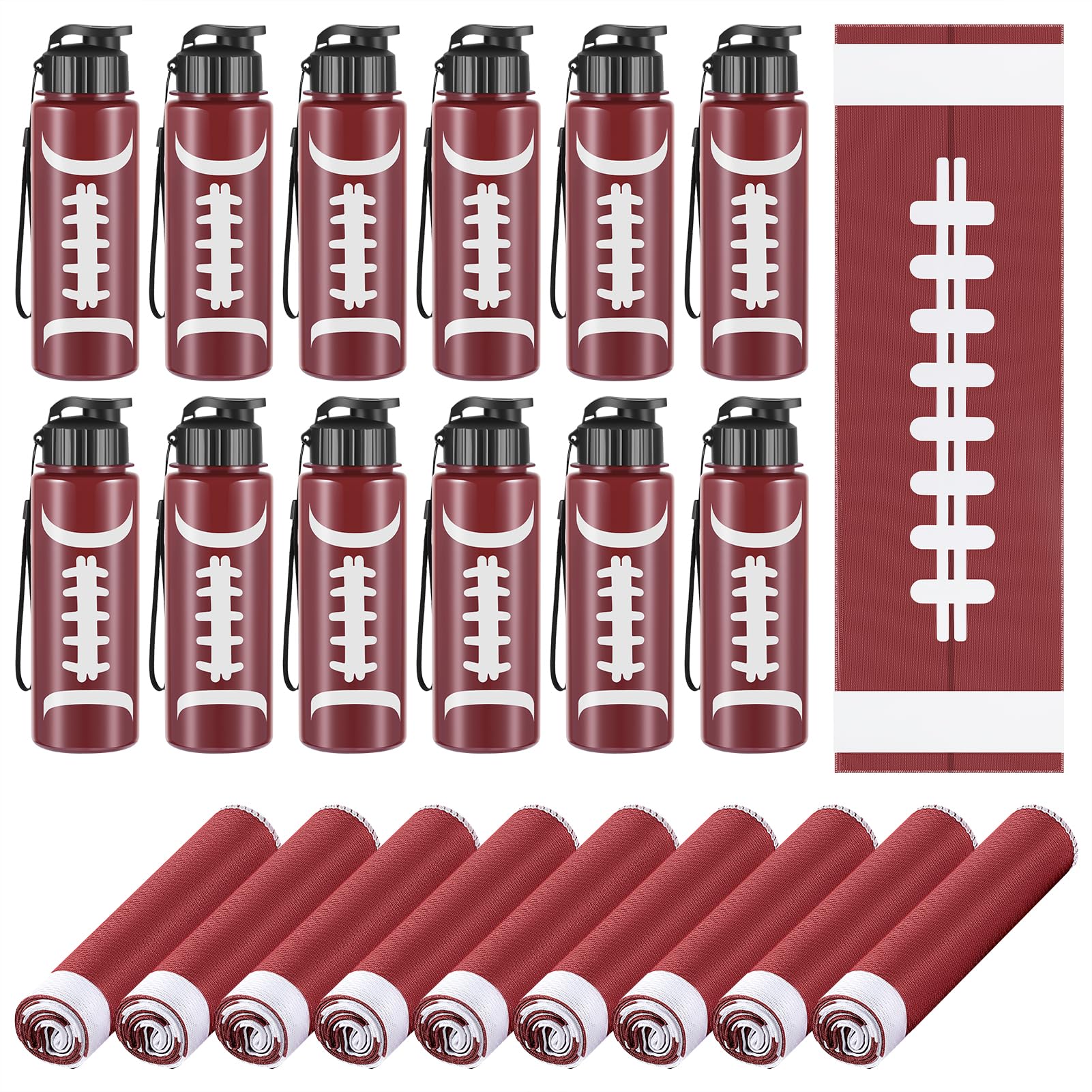Olgaa 24Pcs Sport Party Favors 12 Pcs Reusable Football Water Bottle Bulk 20 oz 12 Pcs Soft Cooling Towels Sports Accessories for Party Favor Players