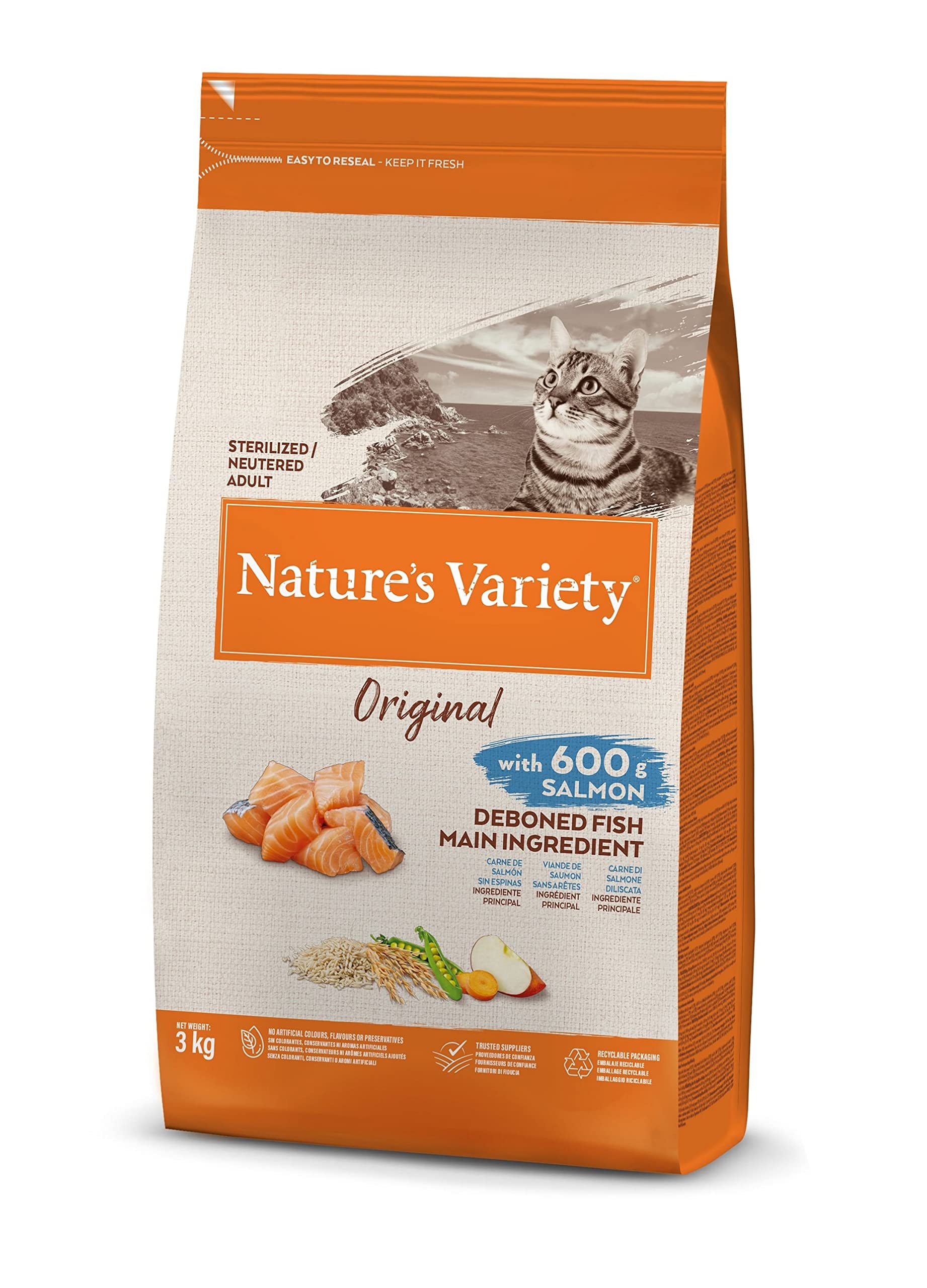 Nature's Variety Original, Pienso para Gatos Adultos Esterilizados con Salmón sin espinas, 3kg