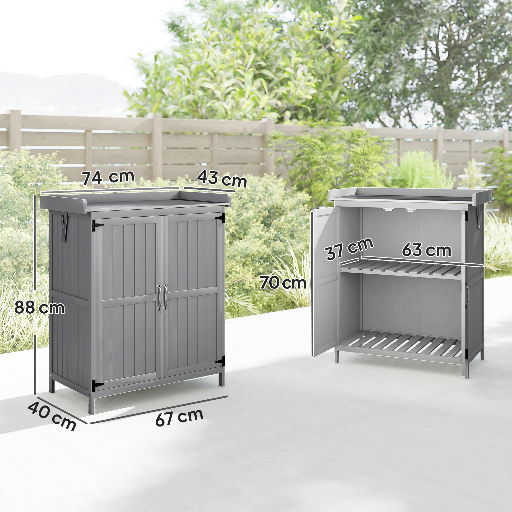Outsunny Gartenschrank Holz wetterfest 74x43x88cm Gerätehaus mit Klappdach Ablagen Arbeitsfläche Grau