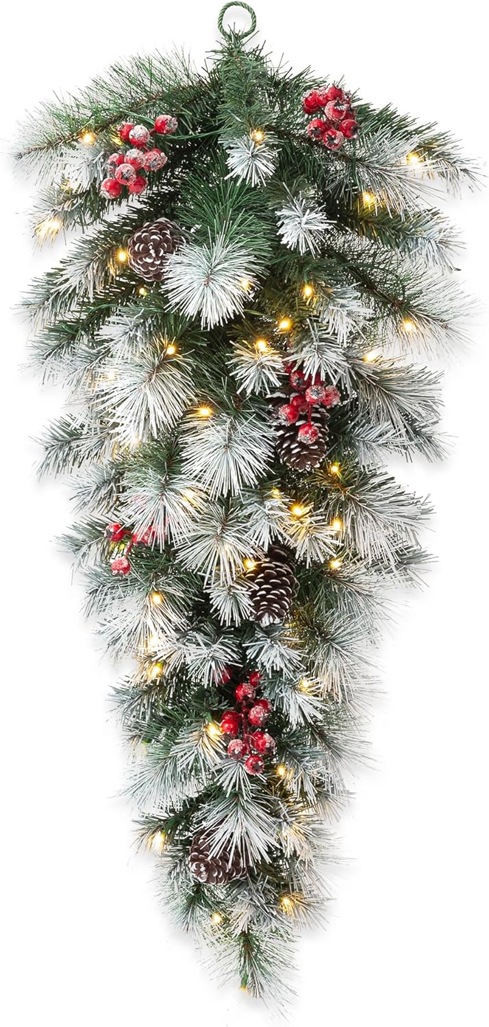 (Similar)Glitzhome 3ft Pre-Lit Pinecones and Red Berries Artificial Christmas Teardrop, with 50 Warm White Lights and Timer, Three Function