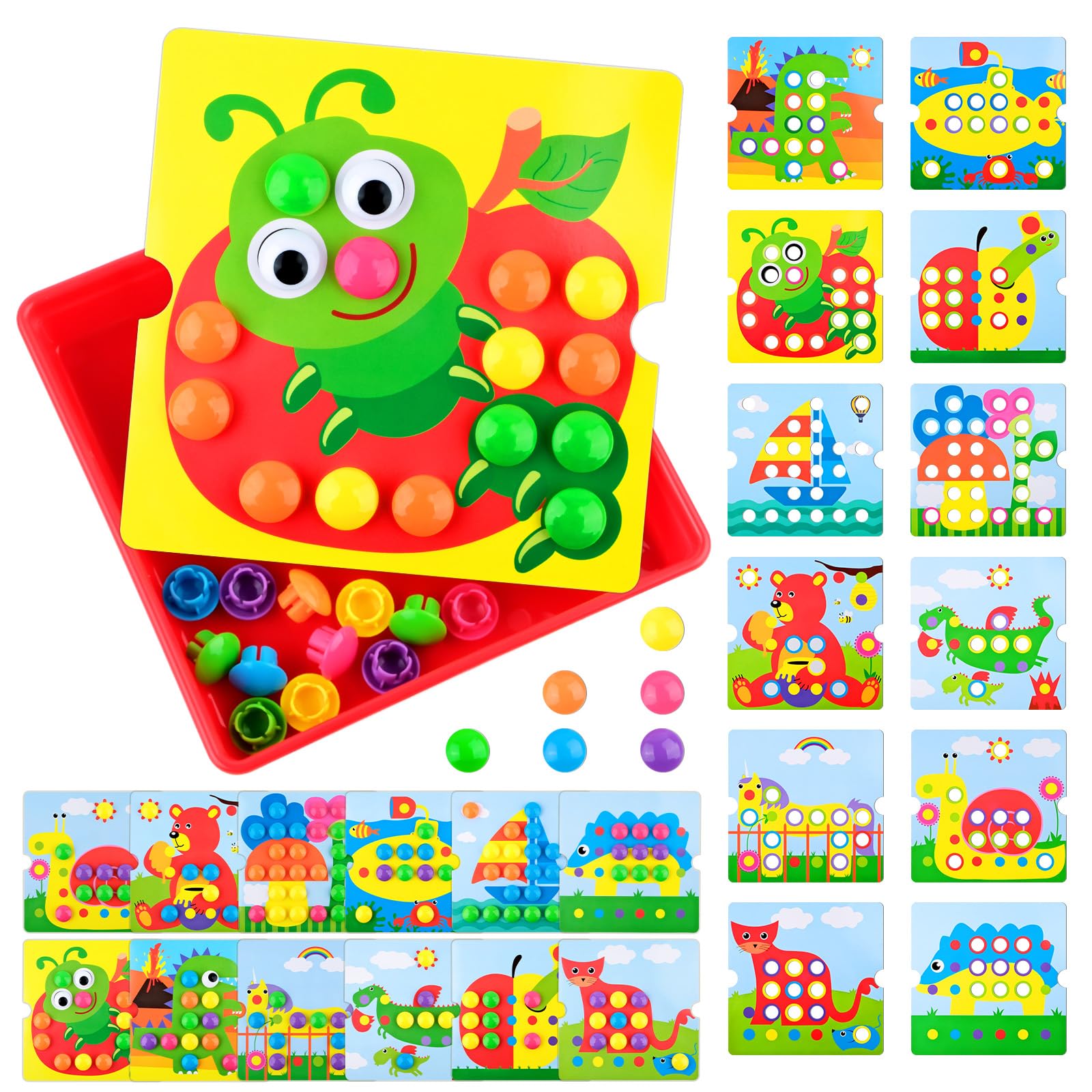 Mosaik Steckspiel ab 4 5 6 Jahre, Montessori Lernspielzeug mit 12 Bildvorlagen & 46 Steckperlen, Farben Lernen & Motorik fördern, Pädagogisches Steckspiel für Kinder, Geschenk Junge Mädchen