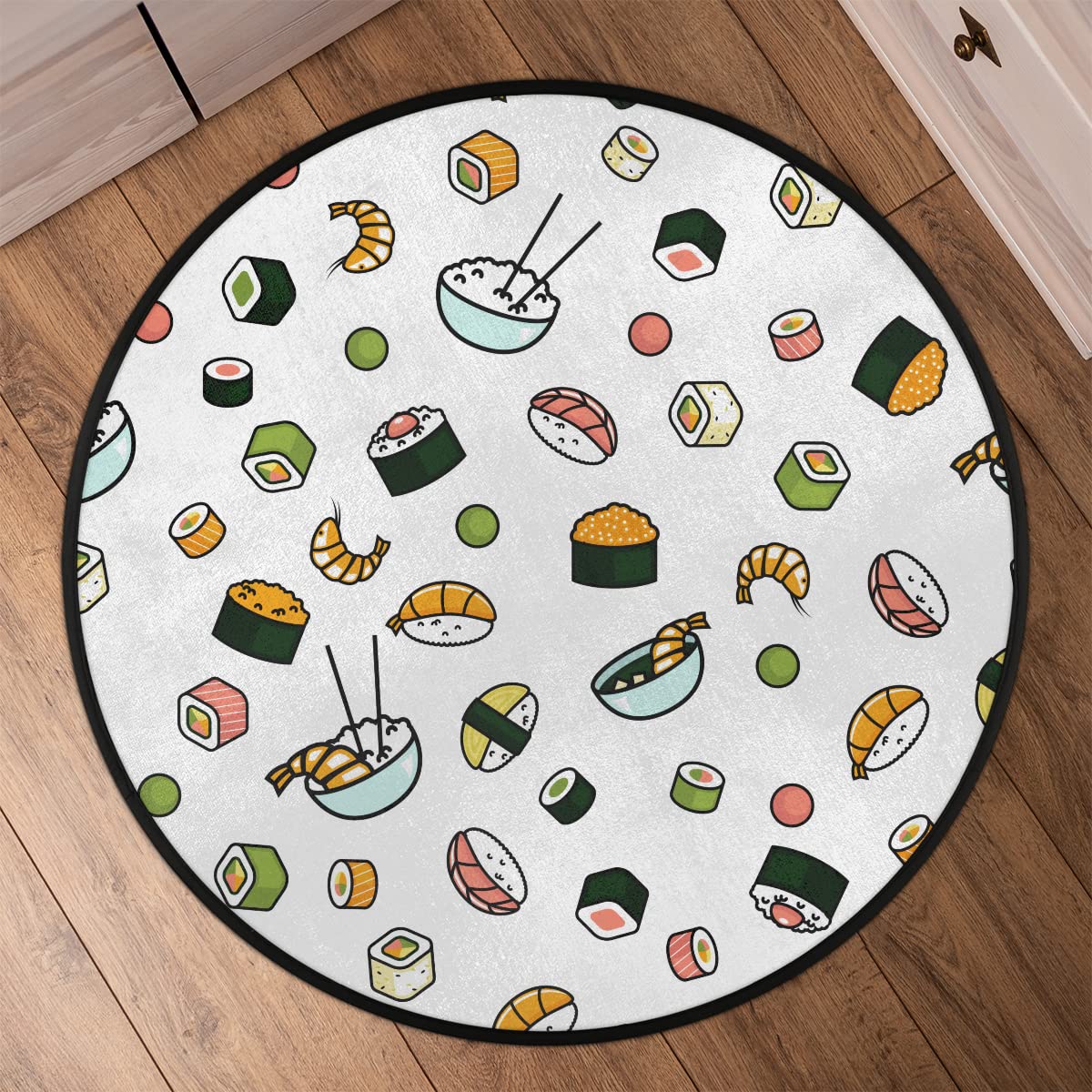 Japońskie jedzenie ilustracja 9,5 m okrągły dywanik można prać w pralce kreskówka sushi antypoślizgowa miękka mata podłogowa do salonu sofa pokój dziecięcy dekoracja przedszkola