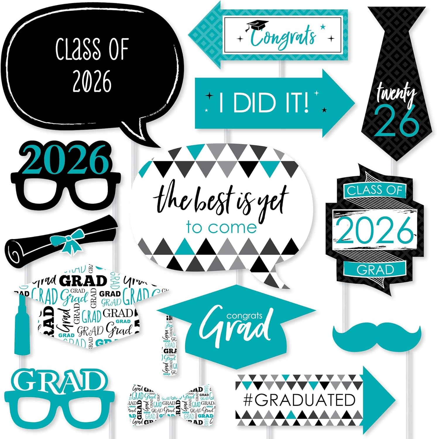 Big Dot of Happiness Graduation Props for Photoshoot 2026, 20-Count Set of High School Senior Photo Booth Props for Pictures and Graduation Party Decorations - Teal