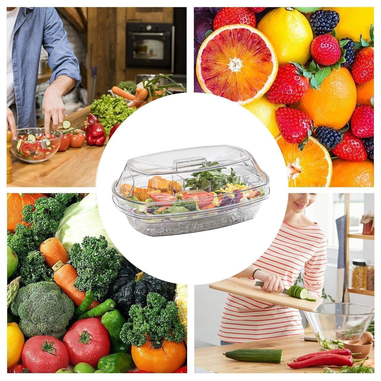 Bandeja de servir fría para fiestas, plato de 4 compartimentos con tapa, perfecto para frutas, aperitivos, postres, verduras, mariscos y camarones, cocta - Ideal para picnic y nevera
