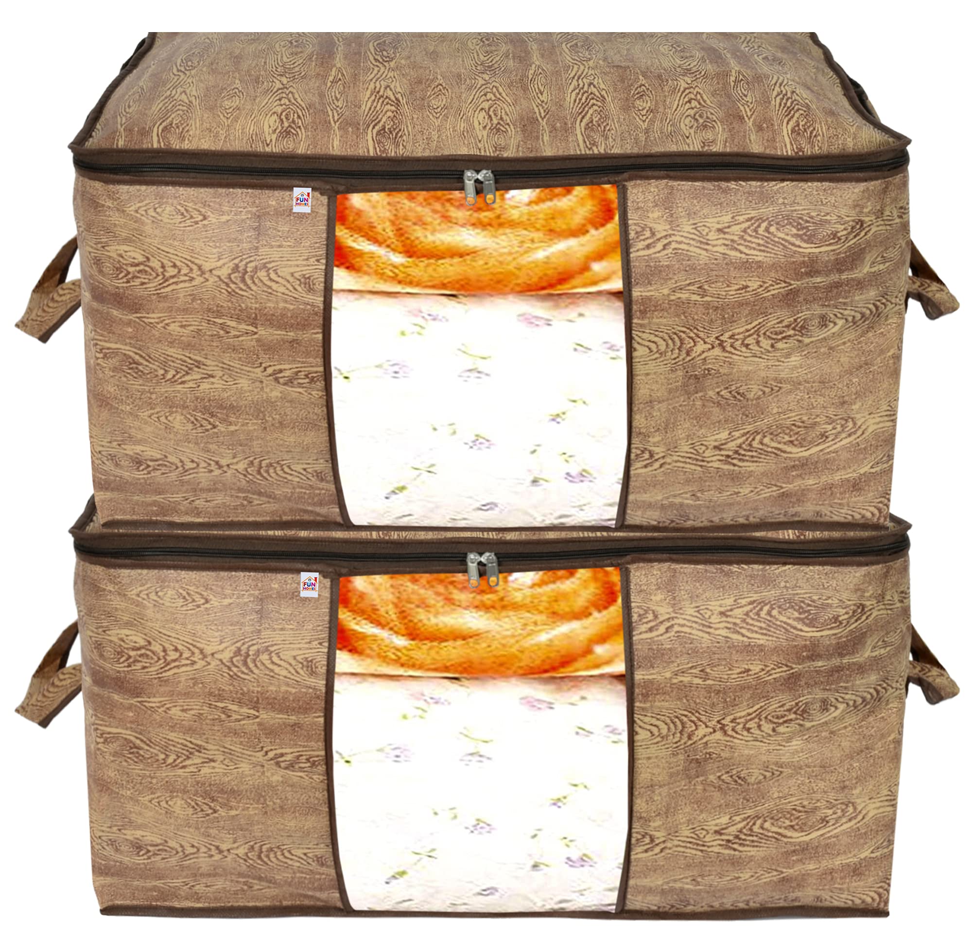 Fun HomesWooden Print Foldable Clothes Storage Bag Wardrobe Organizer Non Woven Fabric For Comforters,Blankets,Bedding With Sturdy Zipper,Clear Window (Set Of 2,Brown)