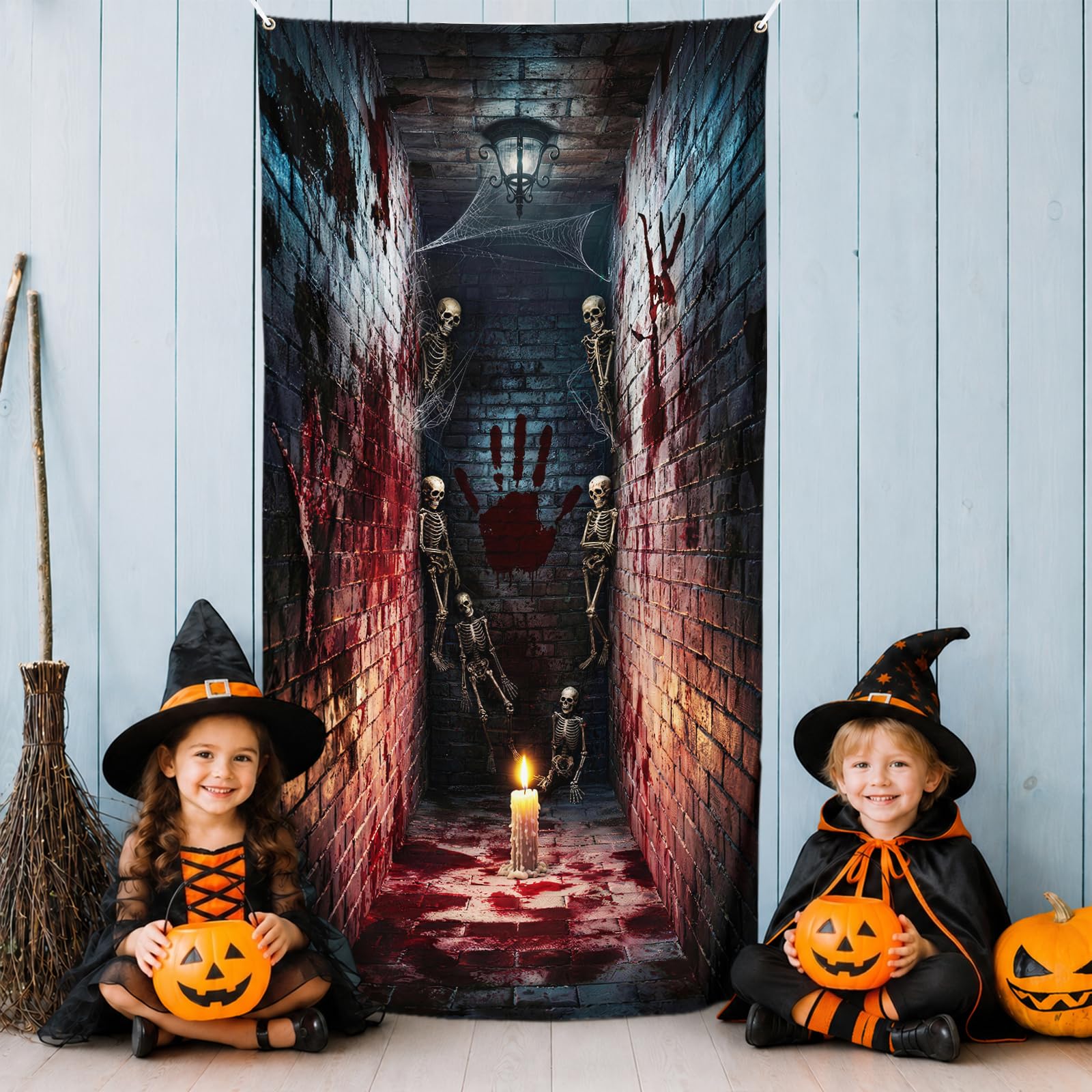 Dekoracje na drzwi Halloween, baner, cukierek albo psikus, Halloween, osłona drzwi, tkanina, horror, szkielet, korytarz, wiszące drzwi, Halloween, baner, dekoracja na drzwi wejściowe, werandę, na