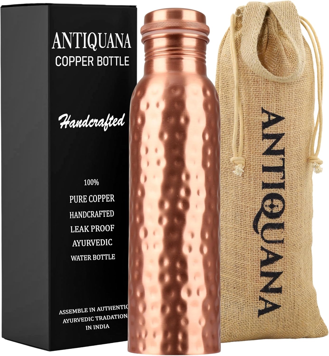 34 Oz Pure Copper Water Bottle Set – Leak-Proof Hammered Design with Tumbler, Carrying Bag & Smooth Finish Decorative – Copper Home Decore