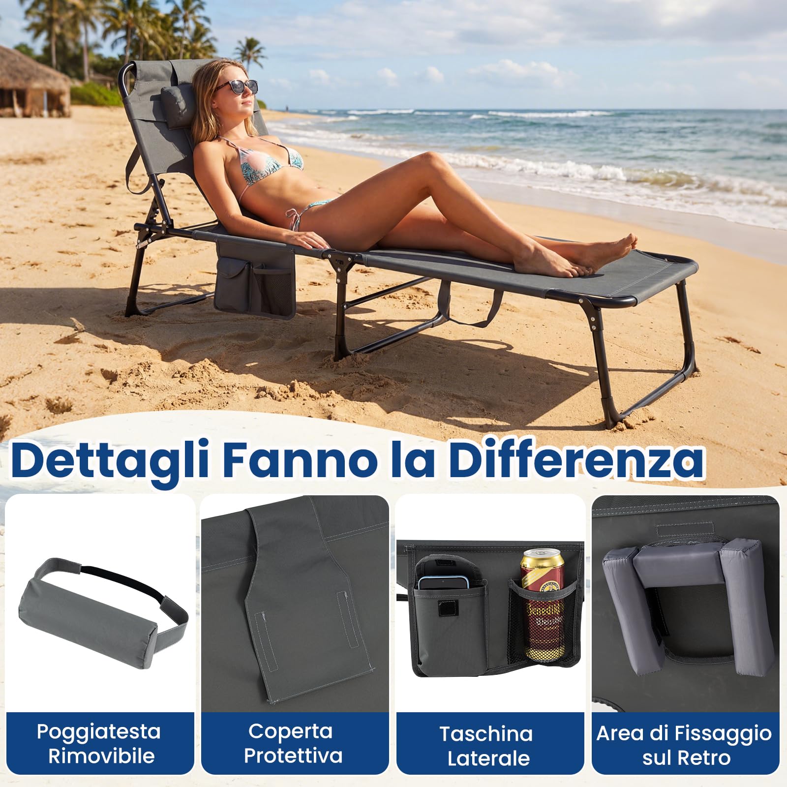 COSTWAY Lettino Prendisole da Spiaggia, Sdraio Mare Pieghevole Portatile con Foro per Viso e Braccia, Cuscino e Tasche Laterali, Schienale Regolabile 4 Posizioni, Portata 150 kg (Grigio)