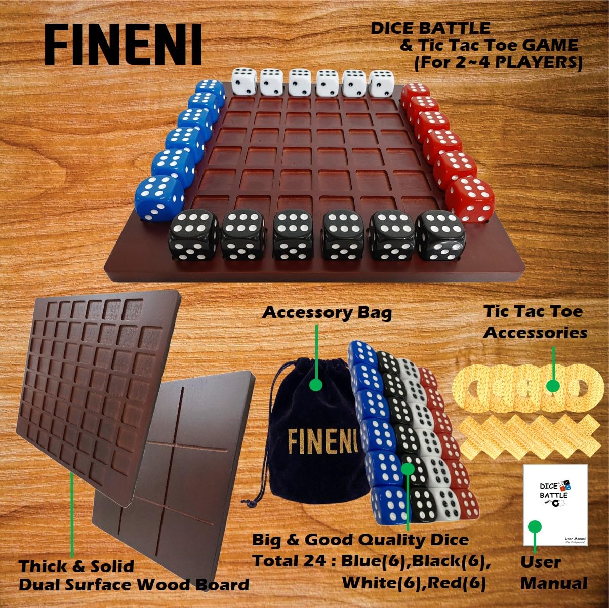 Dice Battle & TicTacToe Brettspiel-Set, langlebig, dunkel gefärbte Holz-Couchtischspiele für Erwachsene, Bar-Brettspiel, Indoor-Tischspiel und 2-4 Spieler, Holz-Tischplattenspiele (TDB-4BD)