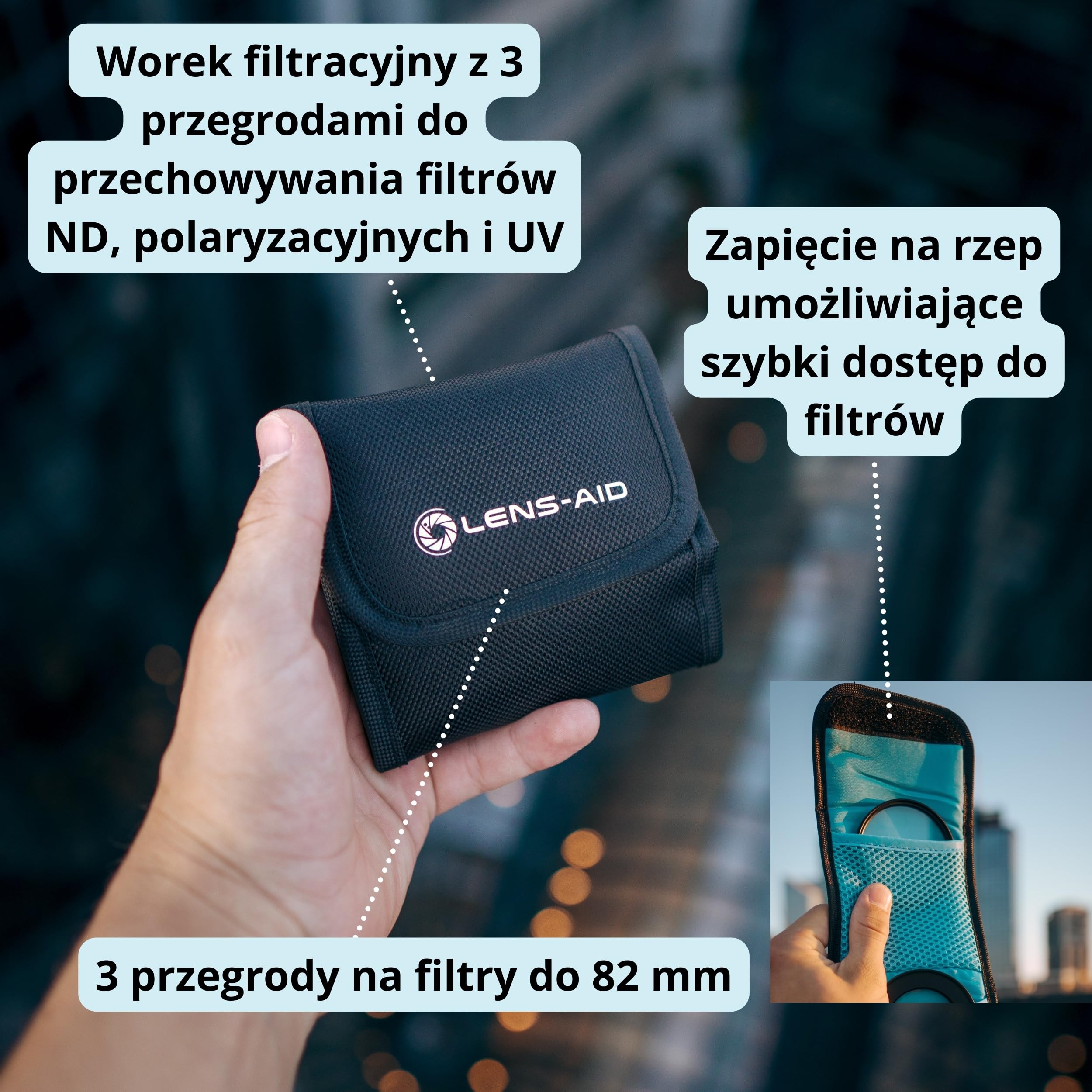 LENS-AID Torba filtrująca na filtr okrągły z przegródkami na filtry do 82 mm, torba do przechowywania filtrów polaryzacyjnych, filtrów UV, pokrywy aparatu itp., 3 Fächer, Funkcjonalny