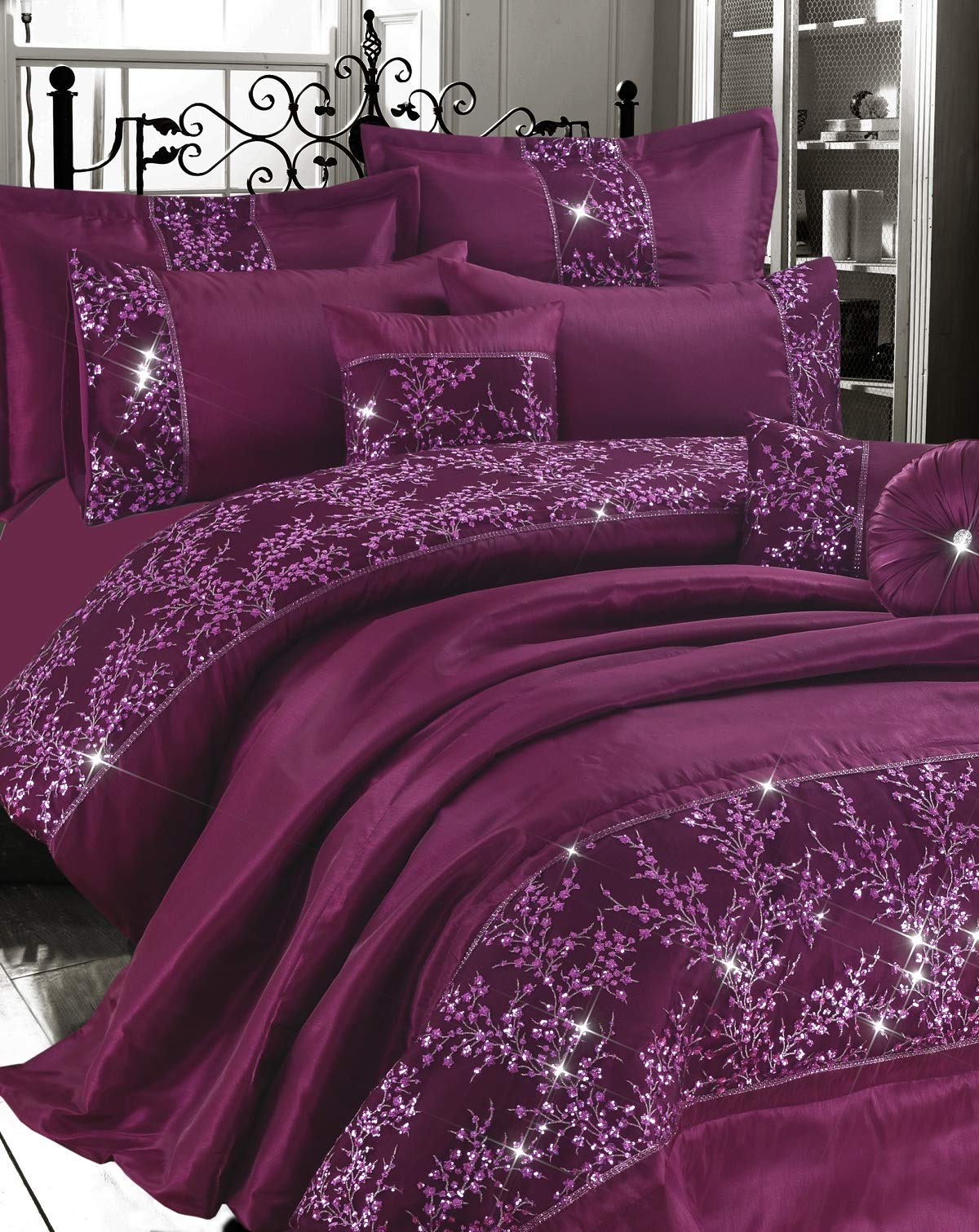voice 7 Sparkle Embroidered Bedding Collections Polyester (Super King Duvet Cover + Two Pillow Cases, Gigi - Plum/Wine)