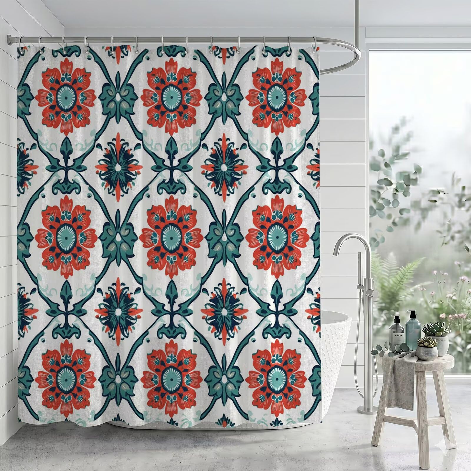 Duschvorhang 300 x 200 cm Stoff für Badezimmer & Badewanne, Wasserabweisend Duschvorhänge mit Beschwerter Saum & Bleiband, Blickdicht Textil Vorhang Polyester Waschbar inkl Ringe (Rot Blume), Q-o417