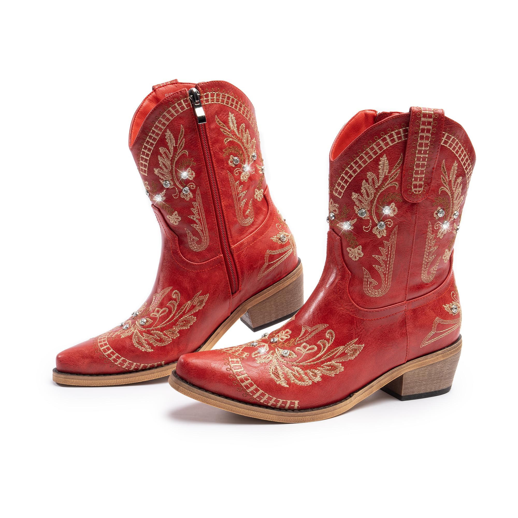 Cusolemore Cowboy Boots for Women, Cowgirl Boots with Sparkly Embroidered Rhinestones, Short Western Ankle Boots for Women with Side Zipper Pull On