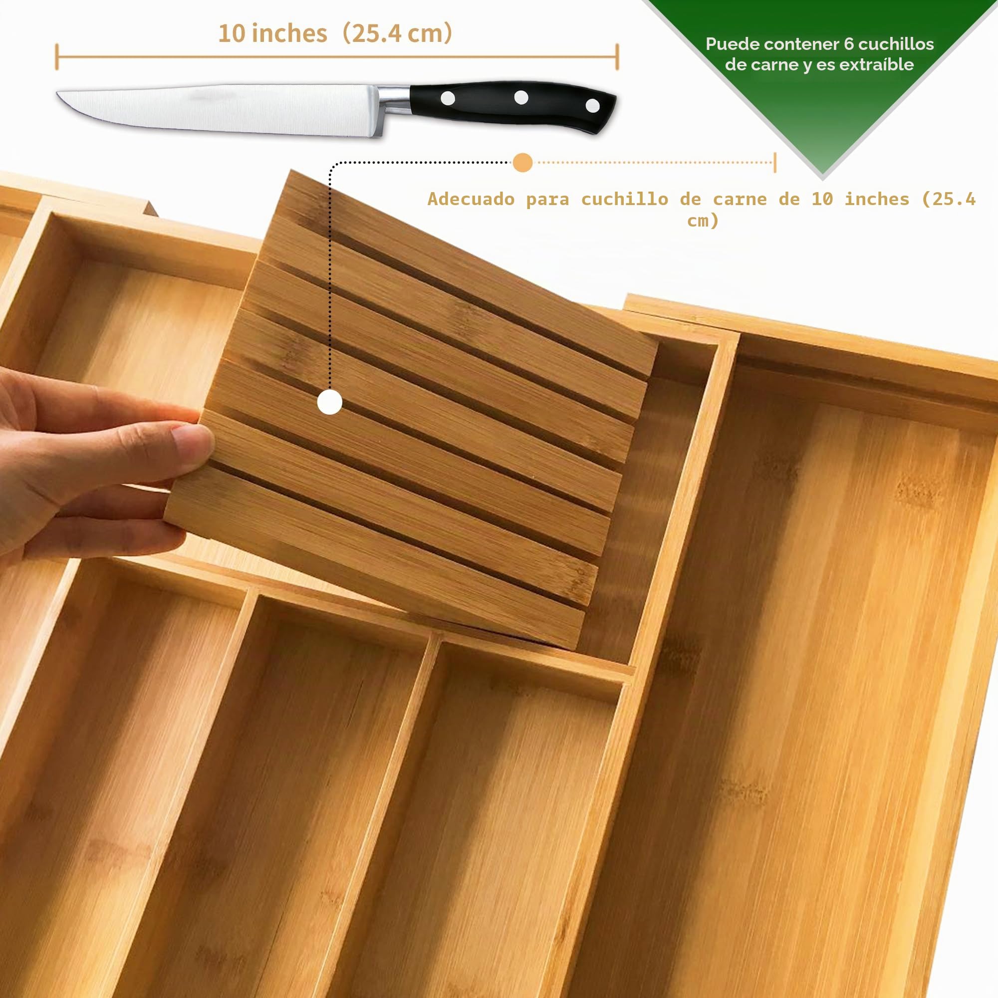 VaeFae Bandeja organizadora de cubiertos de bambú, organizador de cajones de cubiertos grande, 5-7 compartimentos, 32-55 cm, soporte extensible para utensilios de cocina, organizador divisor con