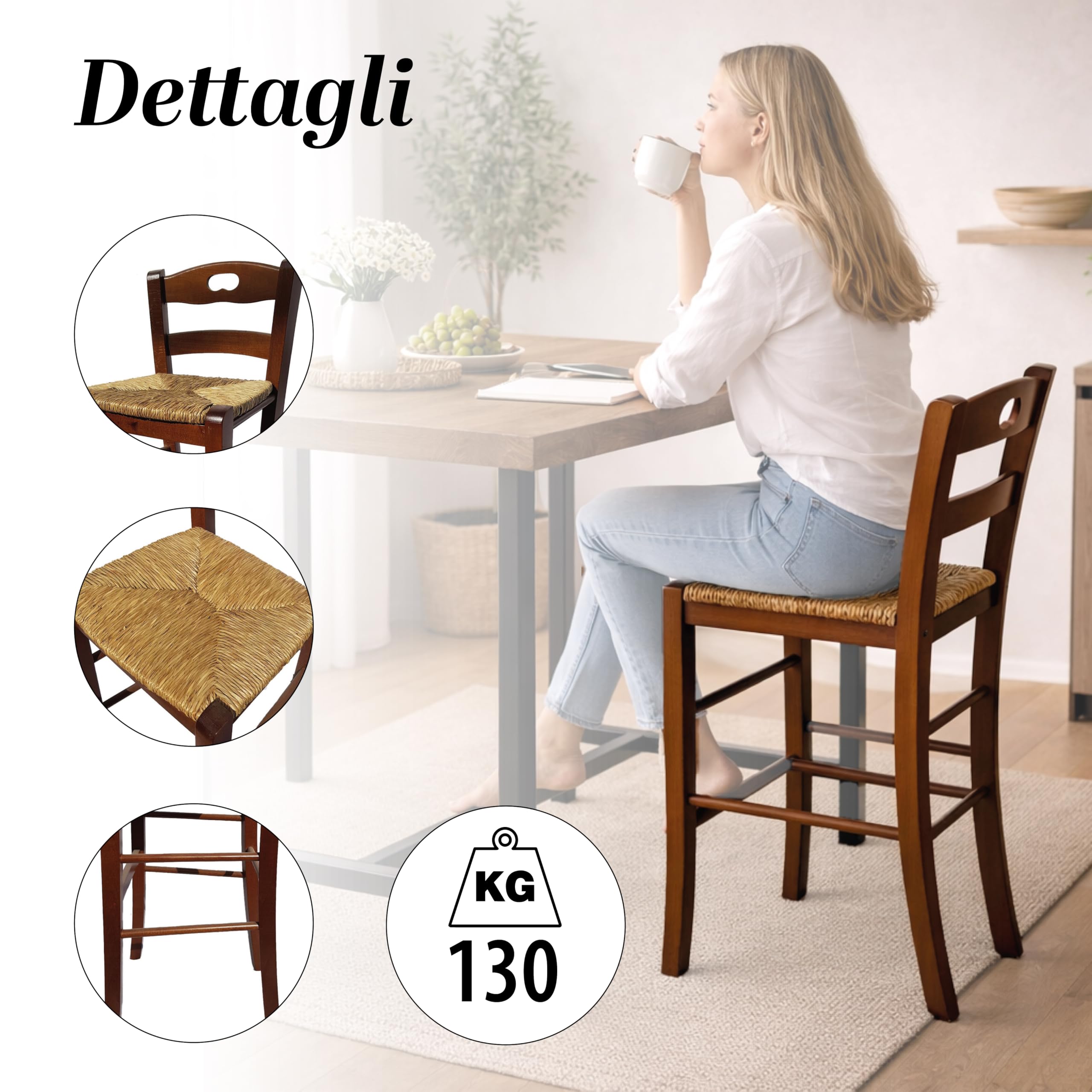 Set Sgabelli in Legno con Seduta Compatta - con Poggiapiedi, Schienale, Struttura Robusta, da Bar, Cucina, Ristorante, Soggiorno, Stile Classico, Rustico - 39X38X90CM (4PZ, Noce)