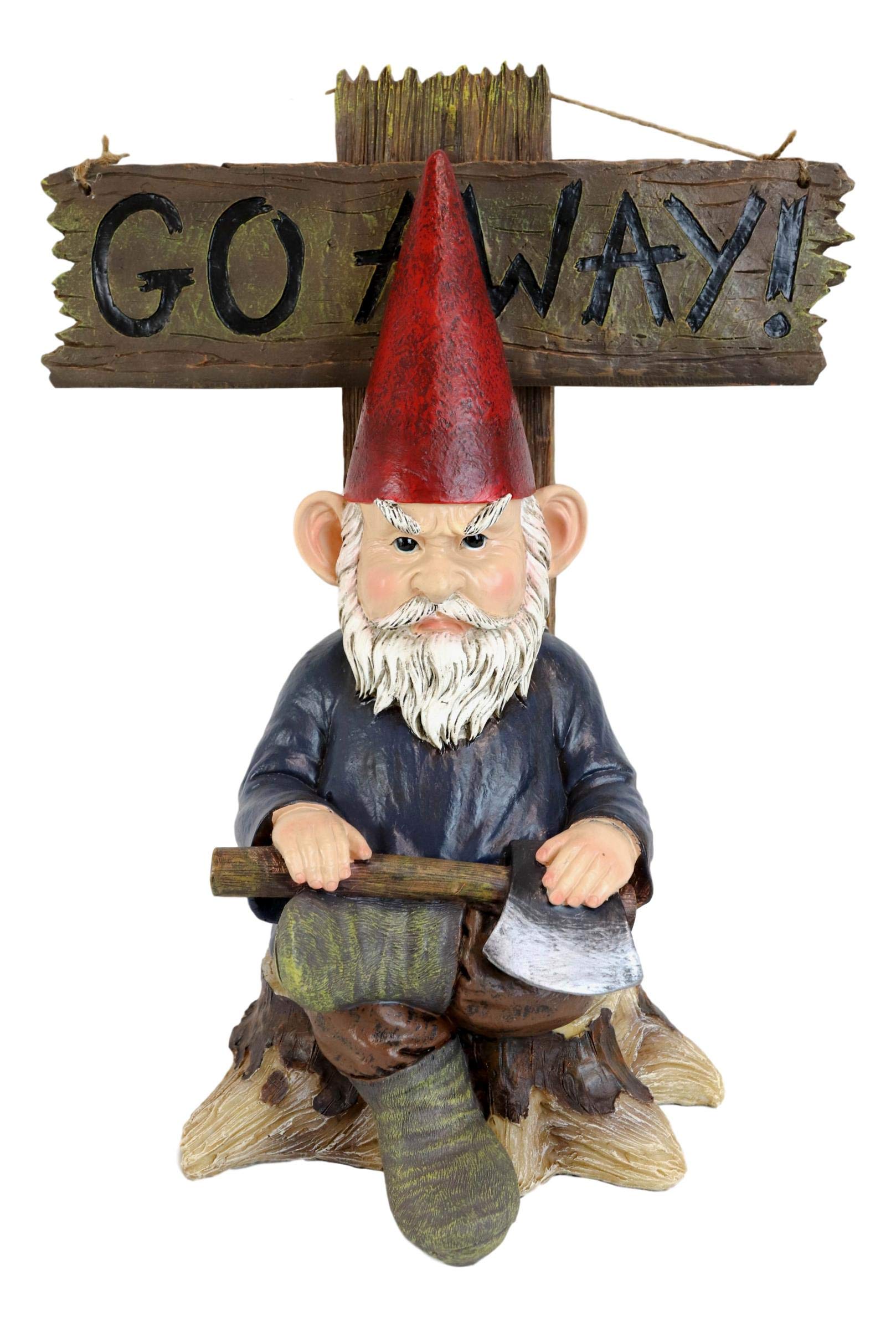 Ebros Gift Whimsical Grumpy Grinchy Rude Old Mr Gnome Dwarf Holding Axe with Welcome or Go Away Plank Sign Statue Garden Patio Outdoor Poolside Magical Gnomes Decorative Figurine
