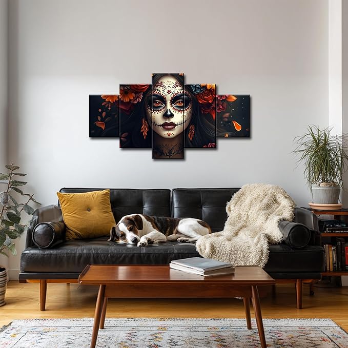 ARNLRDYA Day of The Dead Wall Decor Skull Makeup Girl Wall Art Marigold Mexico Poster Mexican Painting Floral Picture HD Canvas Printing Frame for Festivals Gift Home Decor Ready to Hang(60x32inch)