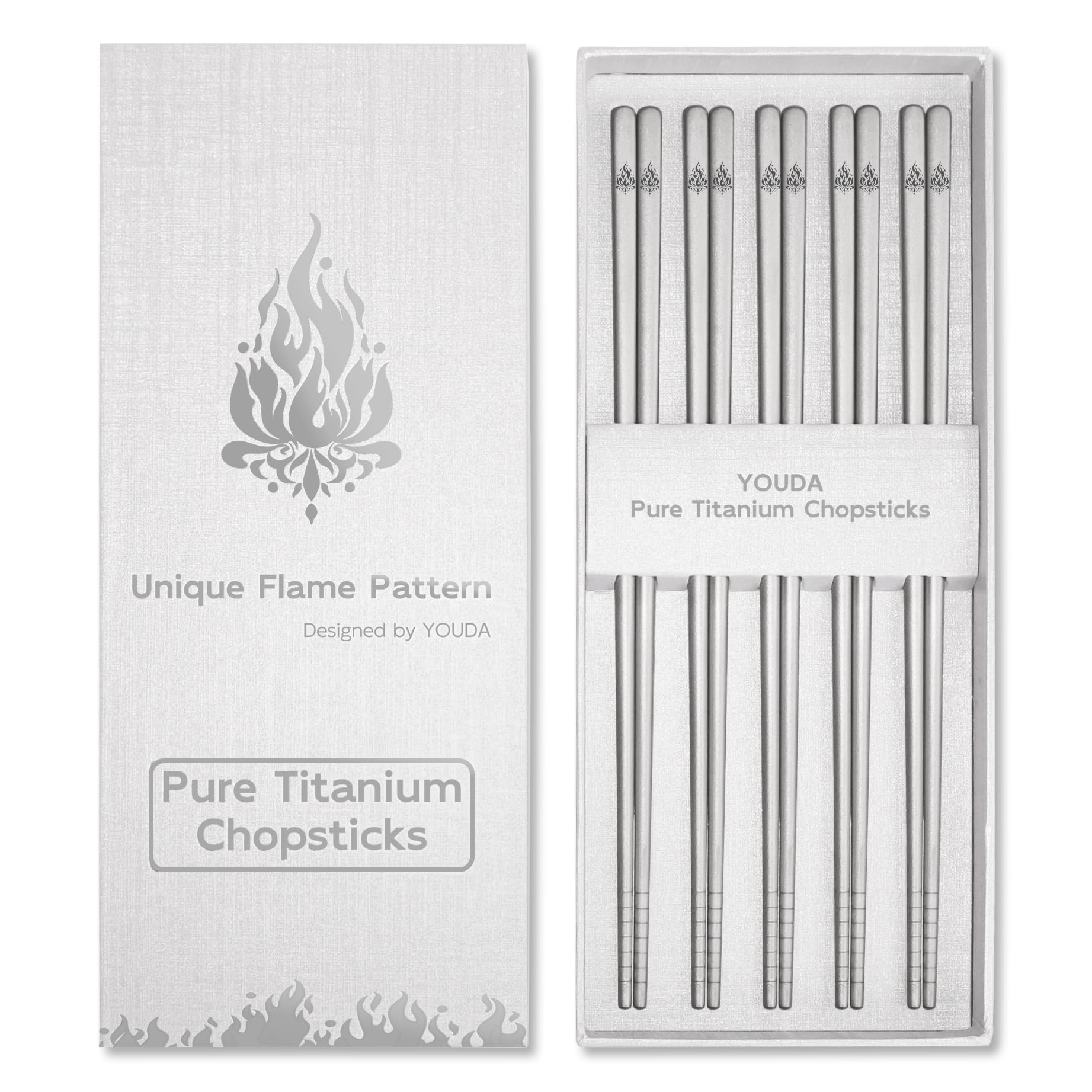 5 Pares de Palillos de Titanio Puro (24 cm) - Diseño Cuadrado Antideslizante y Extra Largo - Ultra Livianos (0.8 oz), Patrón de Llama - Aptos para Lavavajillas - Regalo para Foodies (Plateado)