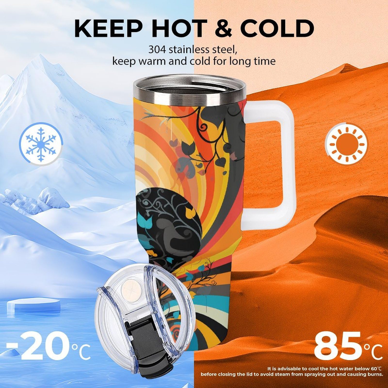 Tazza da caffè da viaggio in vetro colorato fantasia riutilizzabile durevole in acciaio inossidabile isolato con manico e cannuccia resistente alle perdite, tazza termica portatile, regalo per