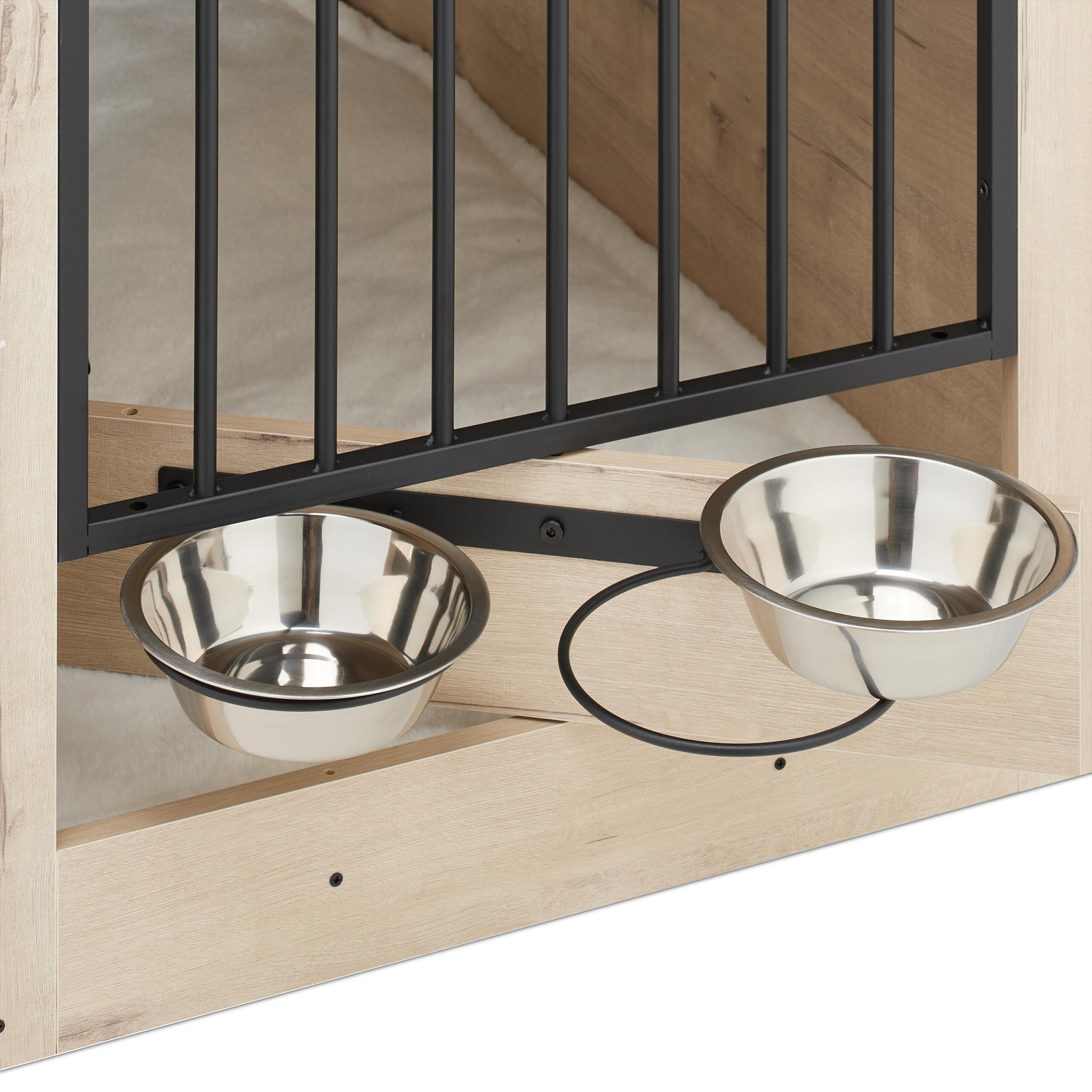 Relaxdays Gabbia per Cani Mobile con Kennel Integrato 65,5x102x60 cm Acciaio e MDF Grigio Nero 2 Ciotole